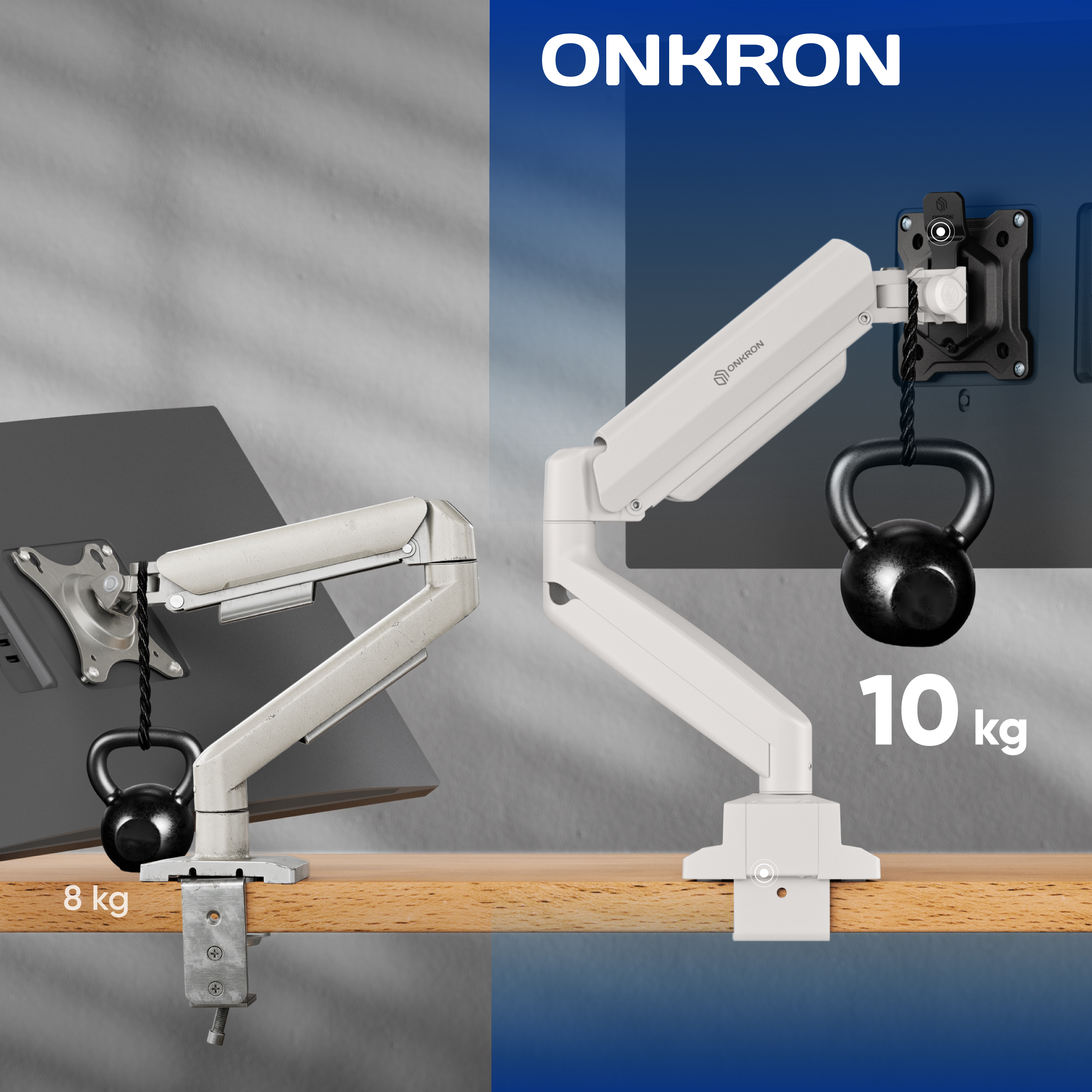 Zwei Monitorarme, einer hält 8kg, der andere 10kg. ONKRON Logo oben.