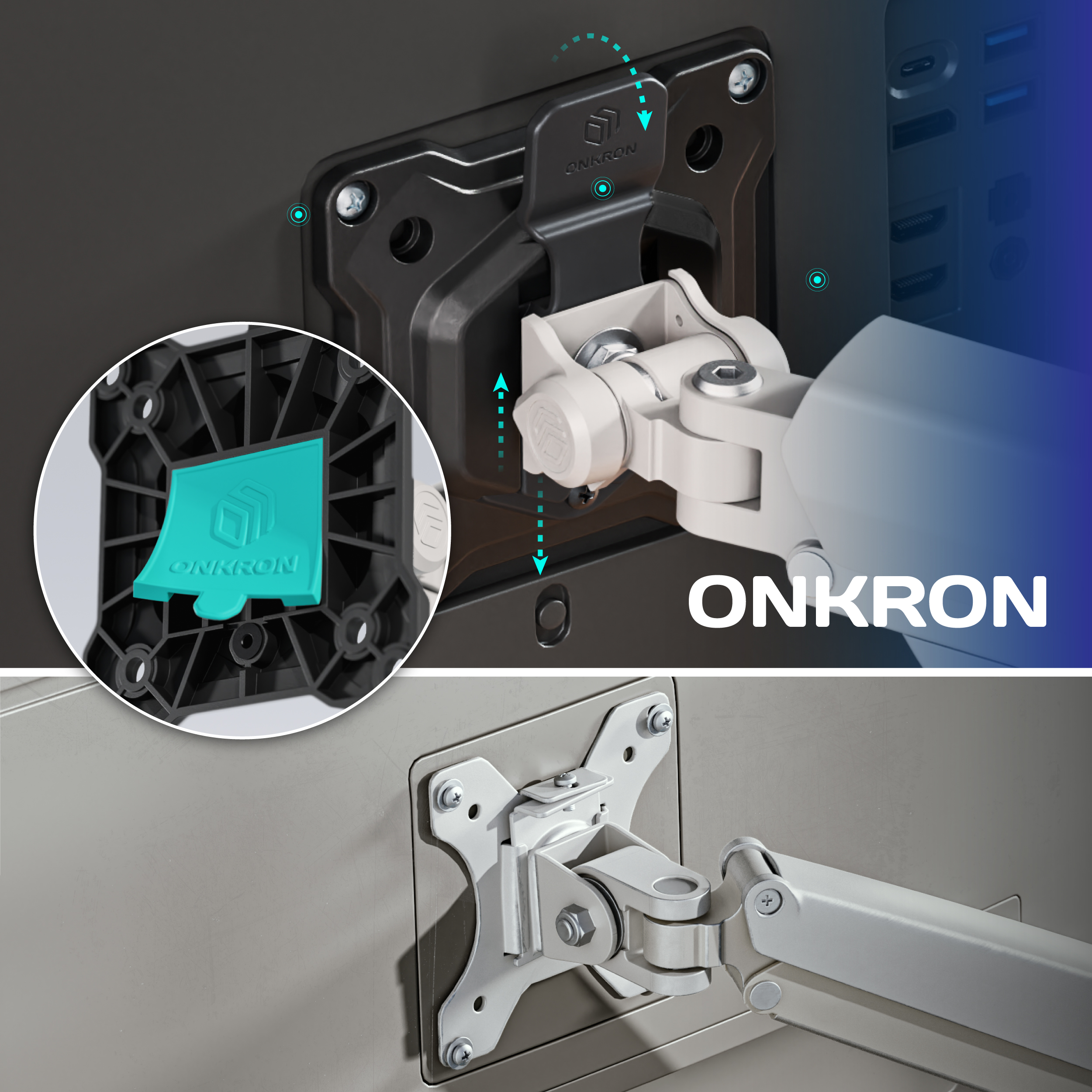 ONKRON-Monitorhalterung mit detaillierter Nahaufnahme des Montagearms und der VESA-Platte.