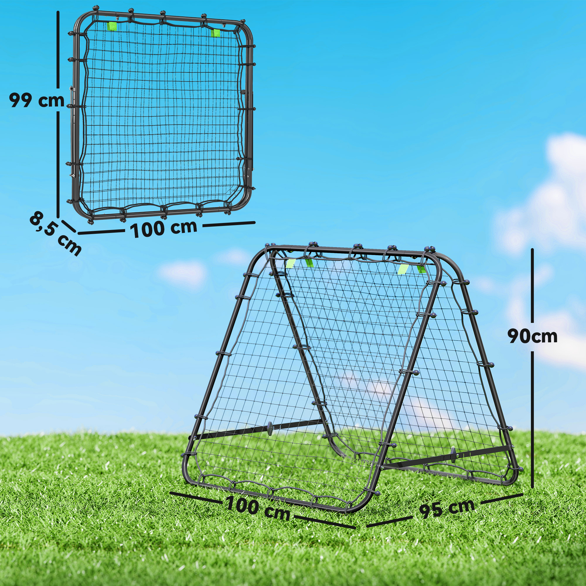 Una red de rebote de fútbol sobre césped verde contra un cielo azul. Se muestran dimensiones.