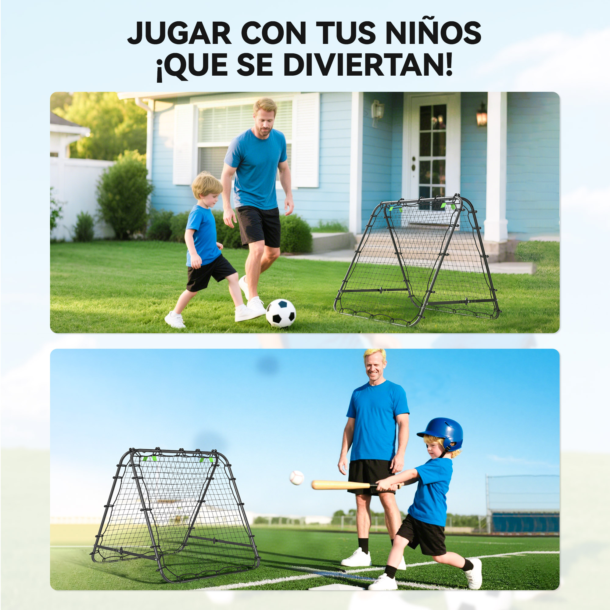 Padre e hijo juegan fútbol en un jardín y béisbol en un campo de césped artificial.