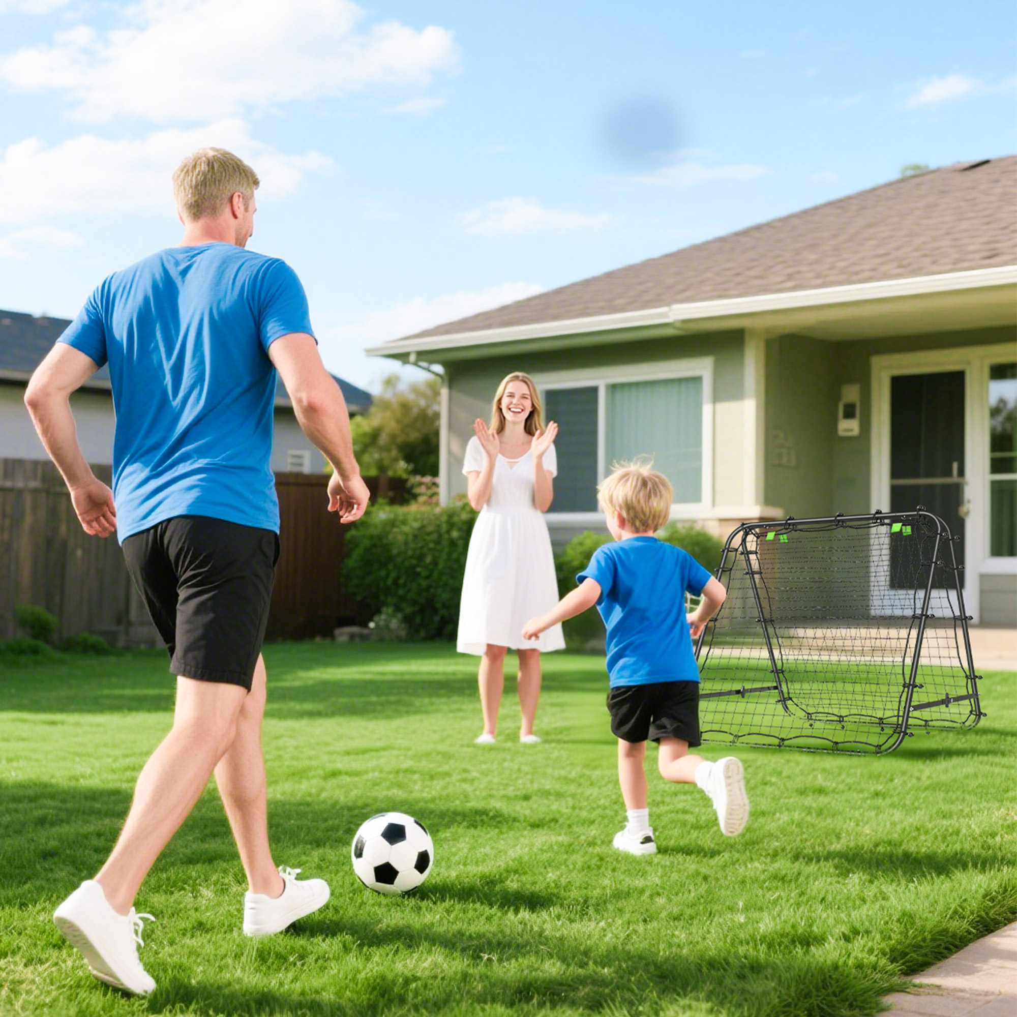 Familia juega al fútbol en el patio trasero. Hombre patea el balón, mujer y niño observan.