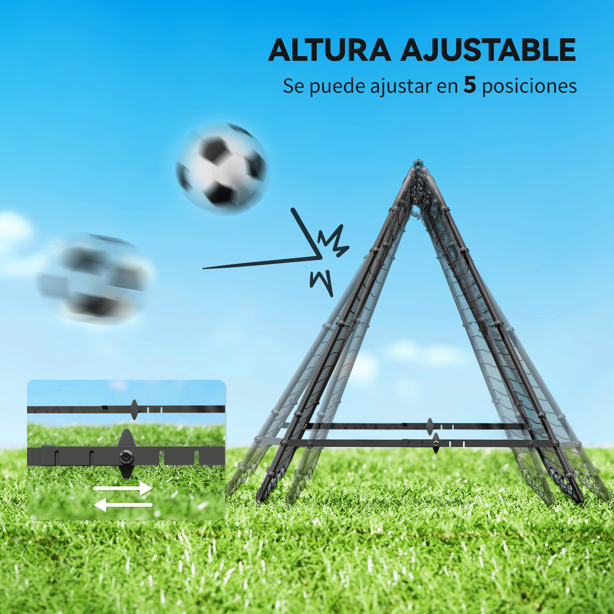 Una portería de fútbol de altura ajustable sobre césped, con un balón de fútbol en movimiento.