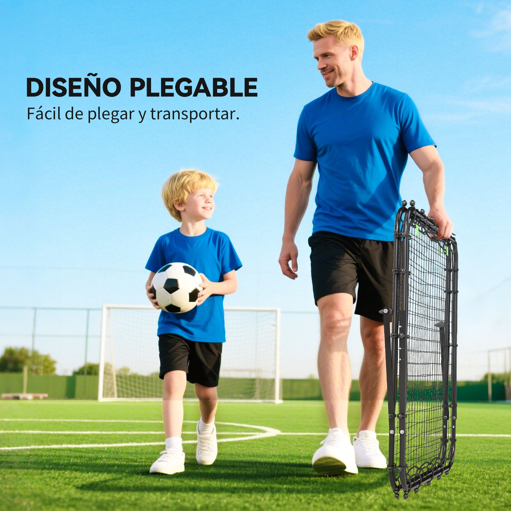 Hombre y niño en campo de fútbol, llevan balón y portería plegable.