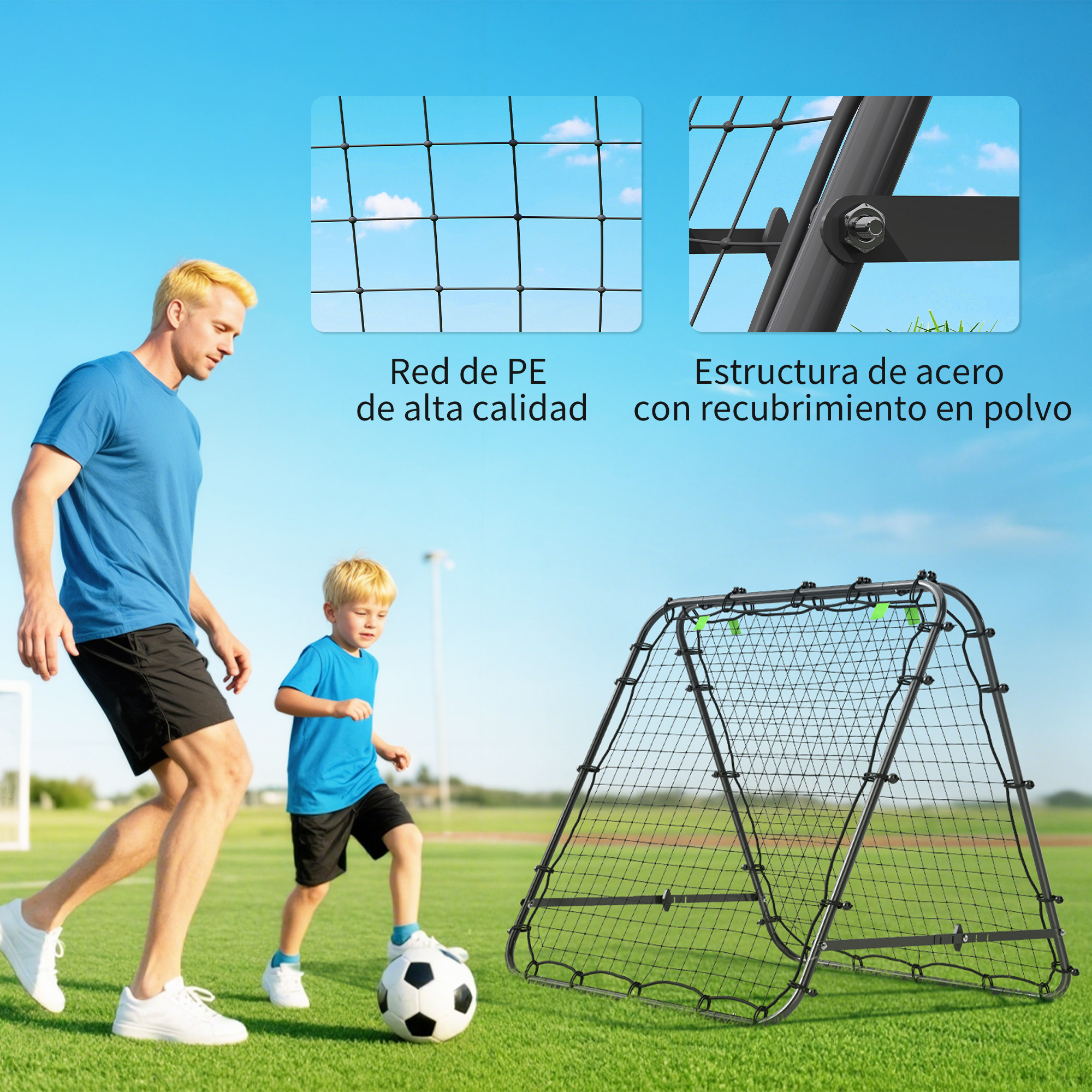 Hombre y niño juegan al fútbol en un campo con red de rebote.