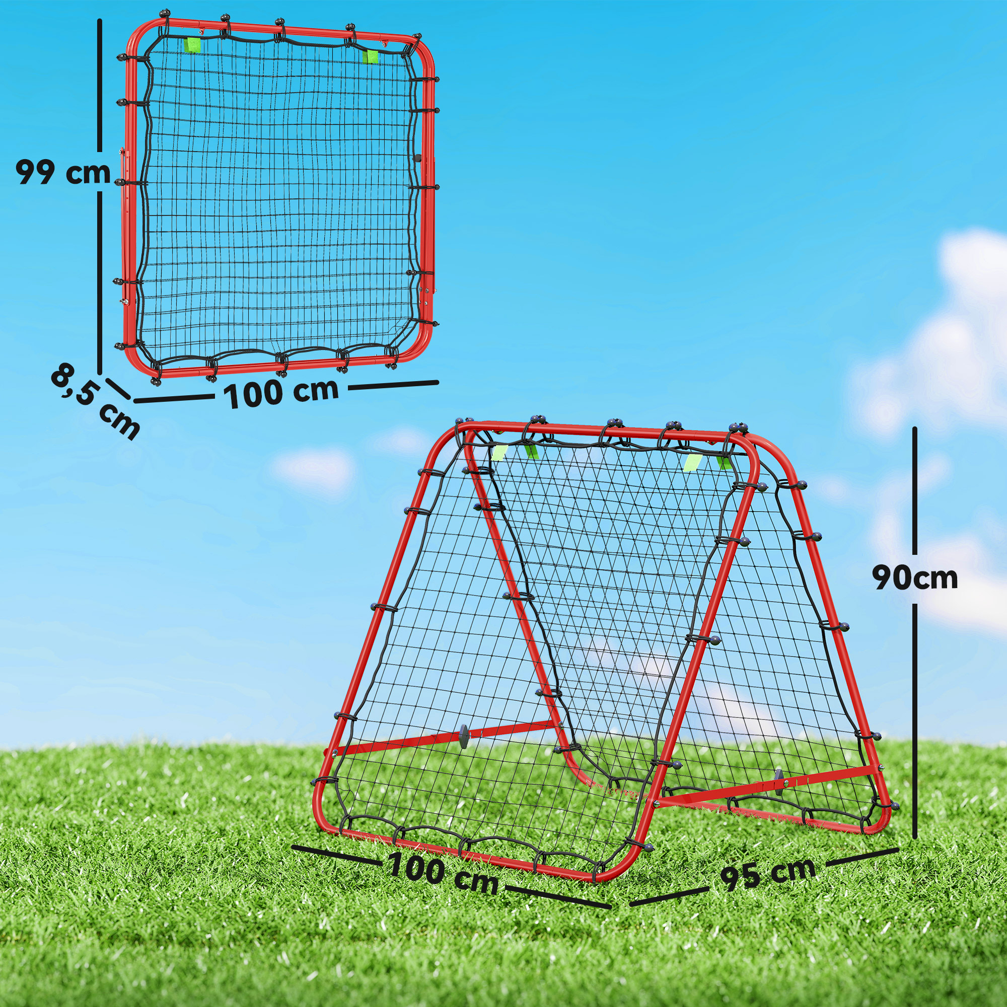 Rebotador de fútbol rojo sobre césped verde con cielo azul. Se muestran las dimensiones.