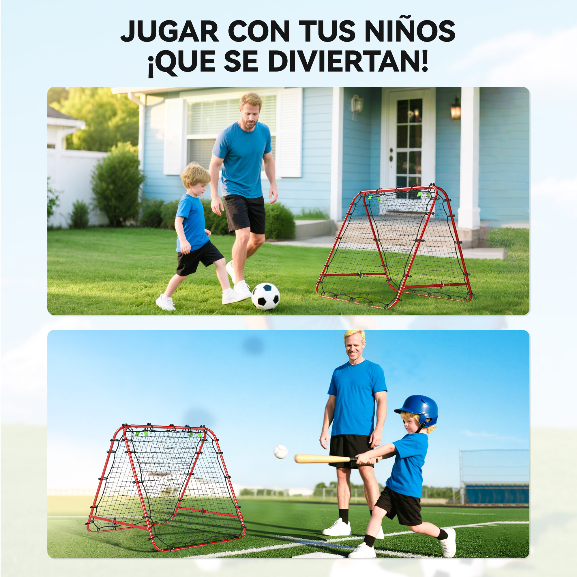 Padre e hijo juegan fútbol en el jardín y béisbol en césped.