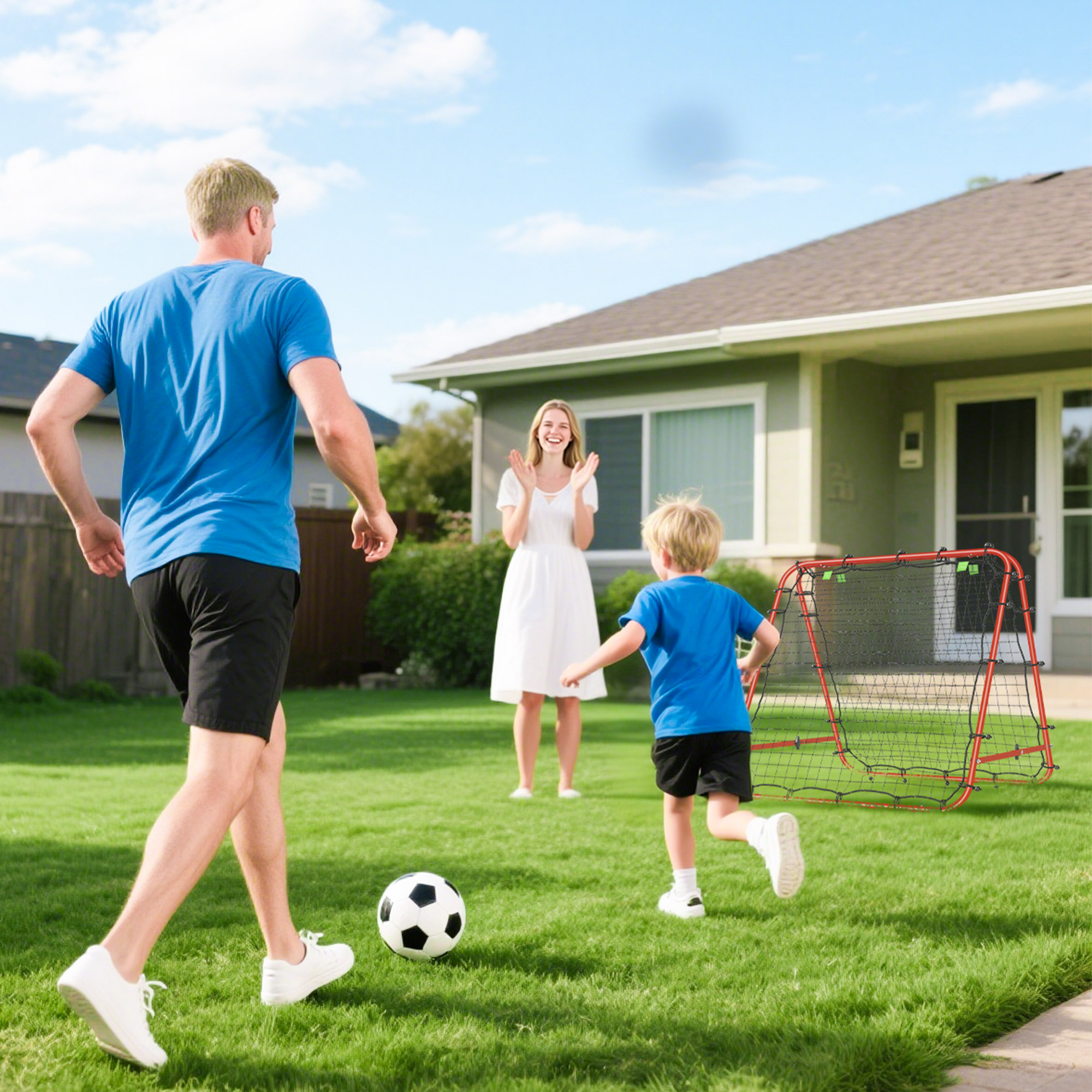 Familia jugando al ftbol en un jardn frente a una casa. Hombre, nio, mujer al aire libre.