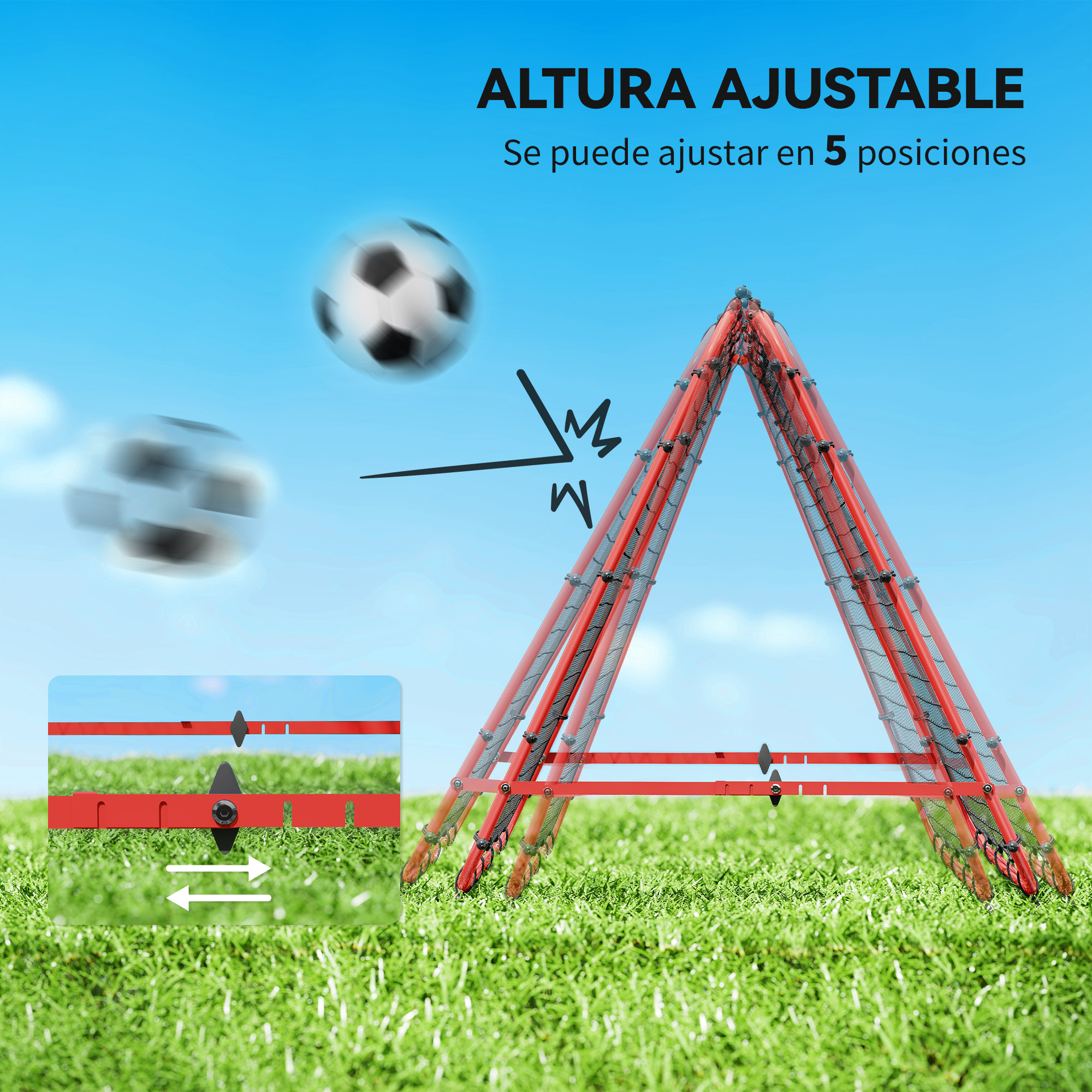 Portería de fútbol roja sobre césped verde, balón volando. Altura ajustable.
