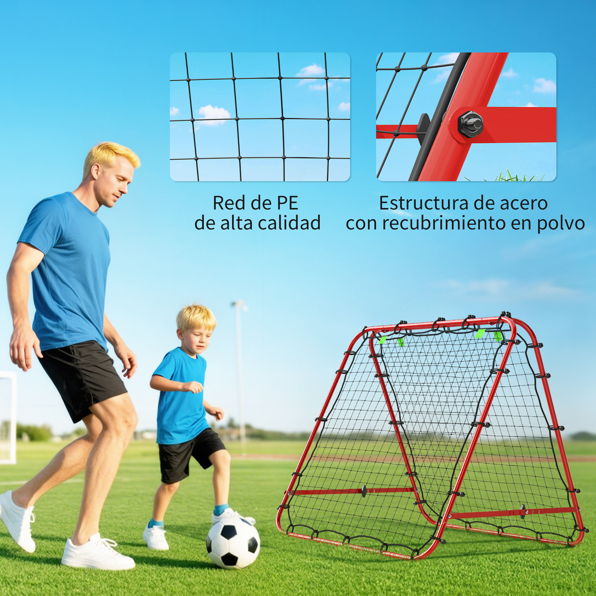 Hombre y niño juegan fútbol en un campo con red rebotadora roja.