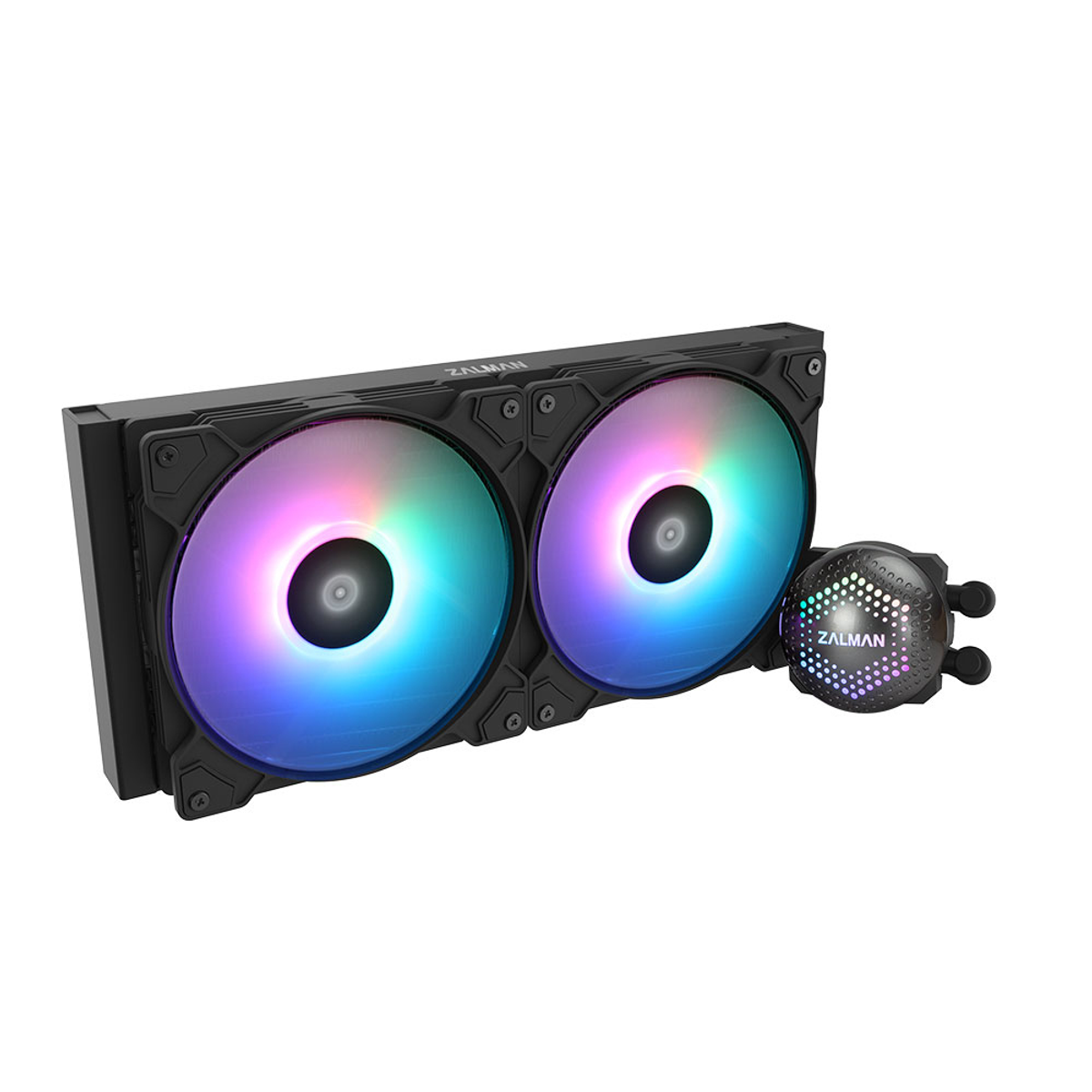 Yuvarlak pompa kafasına sahip siyah radyatör üzerinde iki RGB fan.