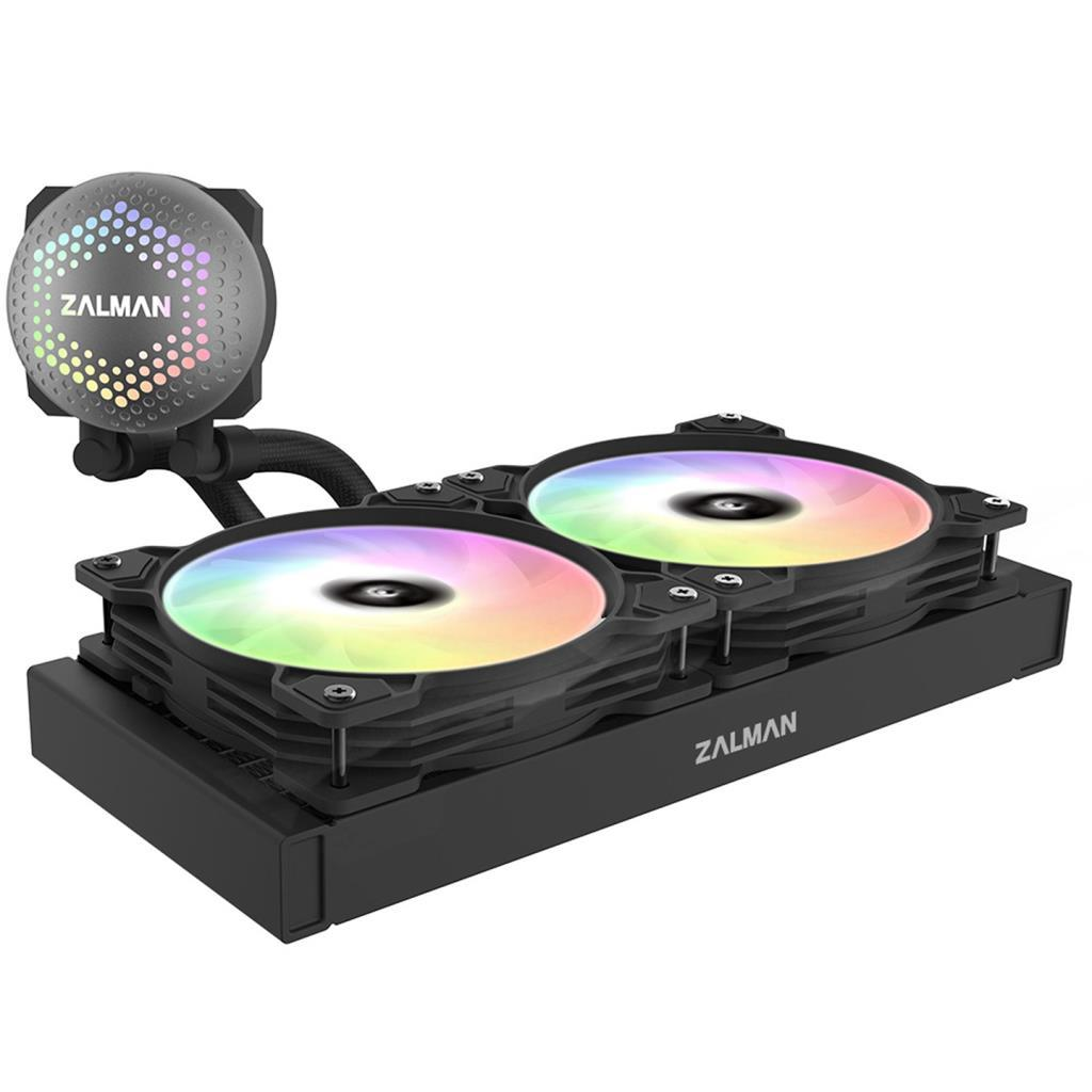 Gökkuşağı RGB aydınlatmalı iki fanı olan siyah bir Zalman CPU soğutucu.