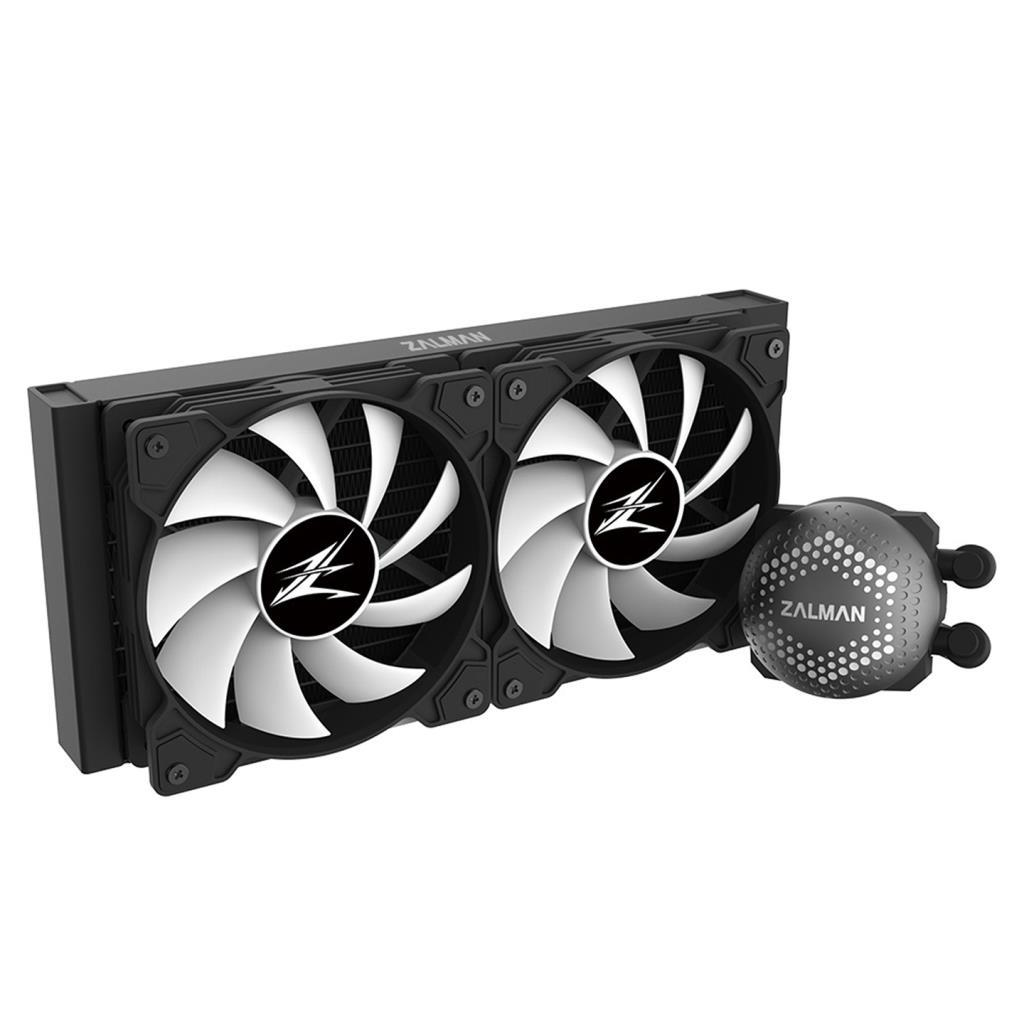 İki beyaz kanatlı fanı ve yuvarlak pompası olan siyah Zalman CPU soğutucu.