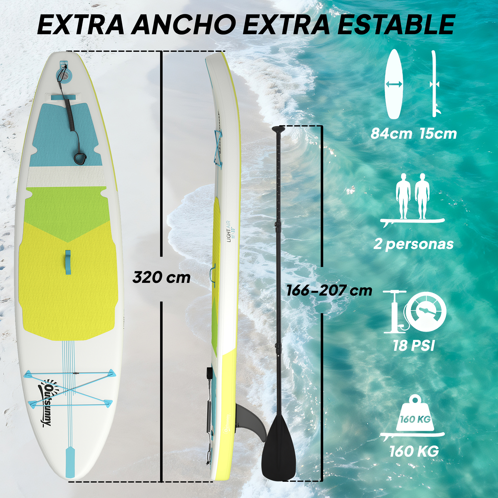 Tabla SUP inflable, 320cm largo, 84cm ancho, 15cm grosor. Carga máx 160kg.