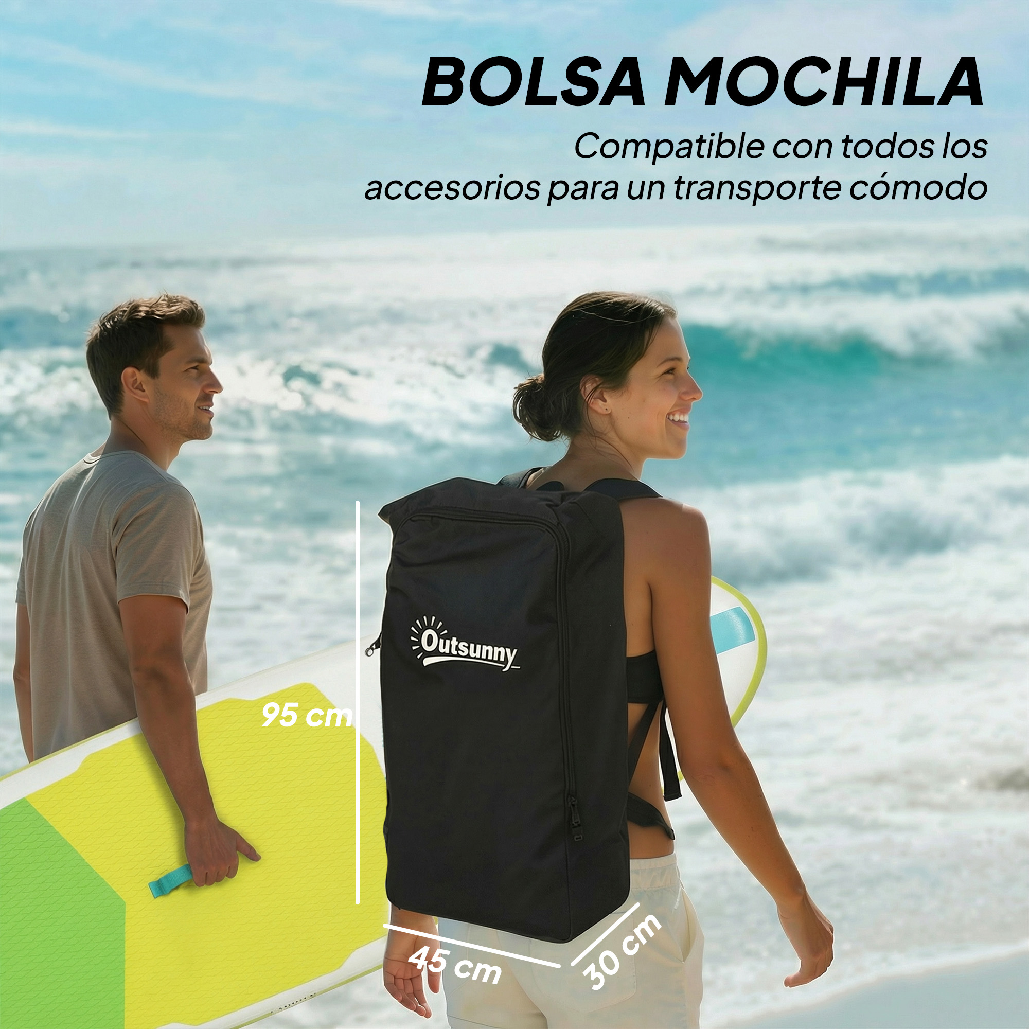 Hombre y mujer en la playa con tabla de surf y mochila.