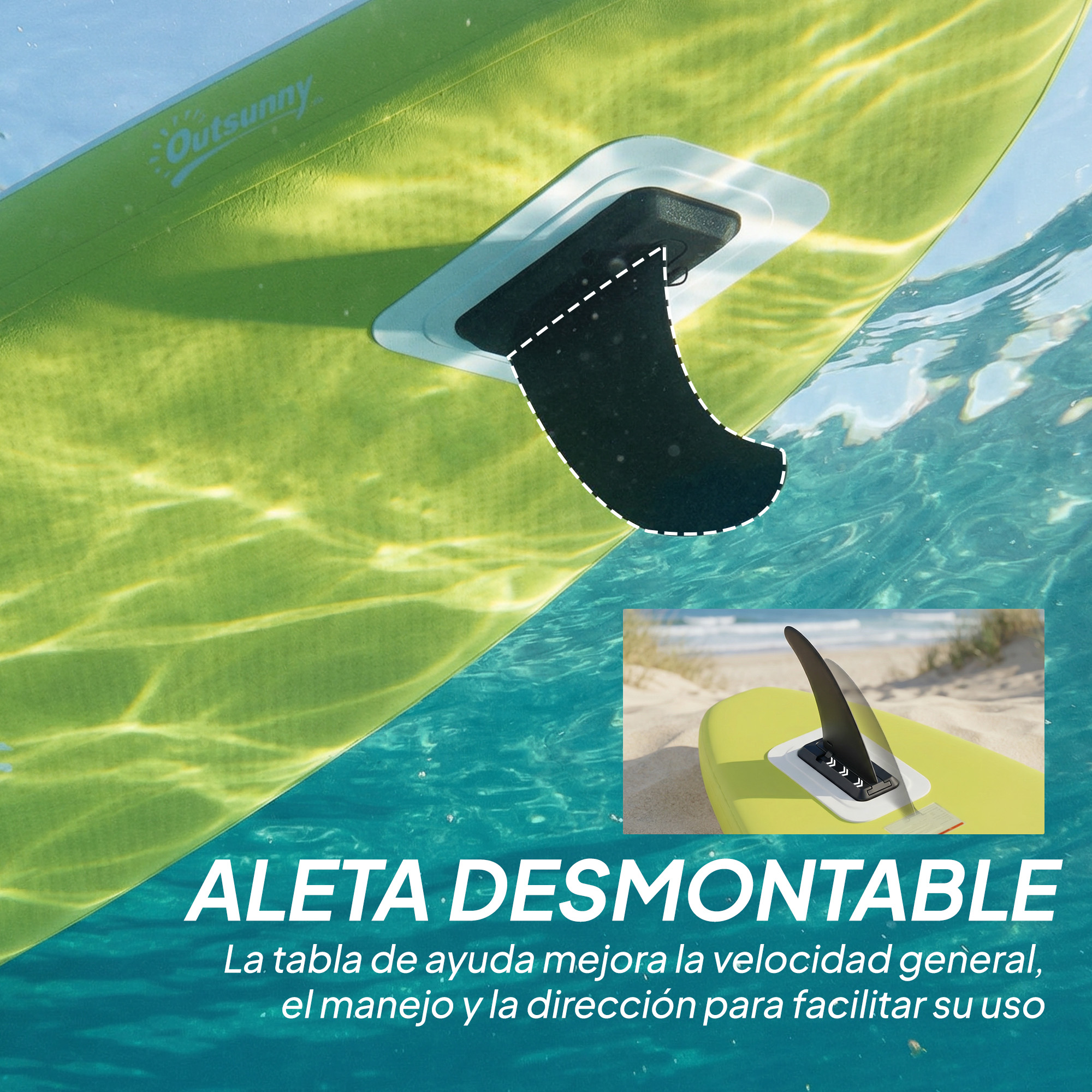Tabla verde con aleta negra desmontable en el agua, texto