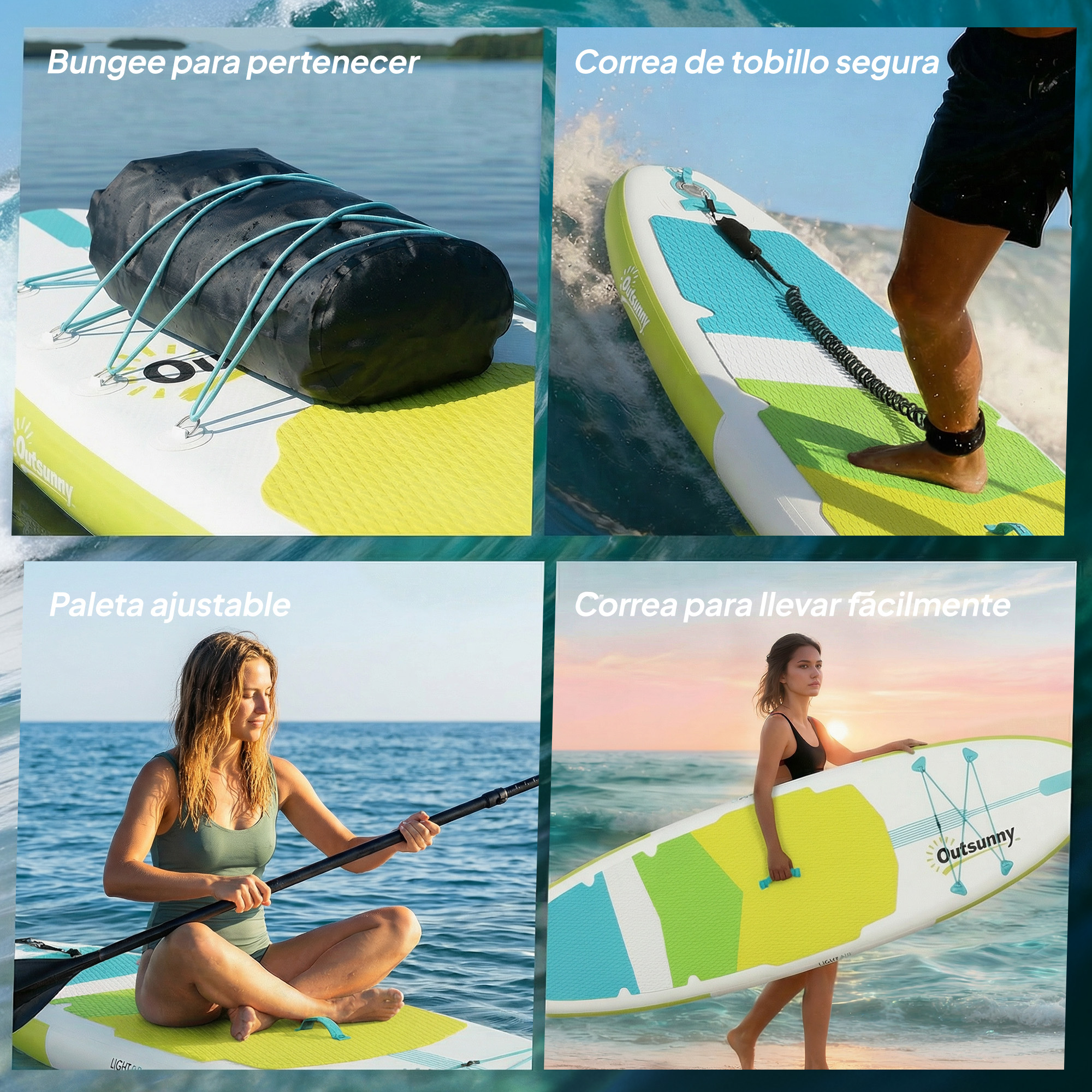 Cuatro collages muestran equipo de tabla de paddle surf: red elástica, correa tobillo, remo, correa.