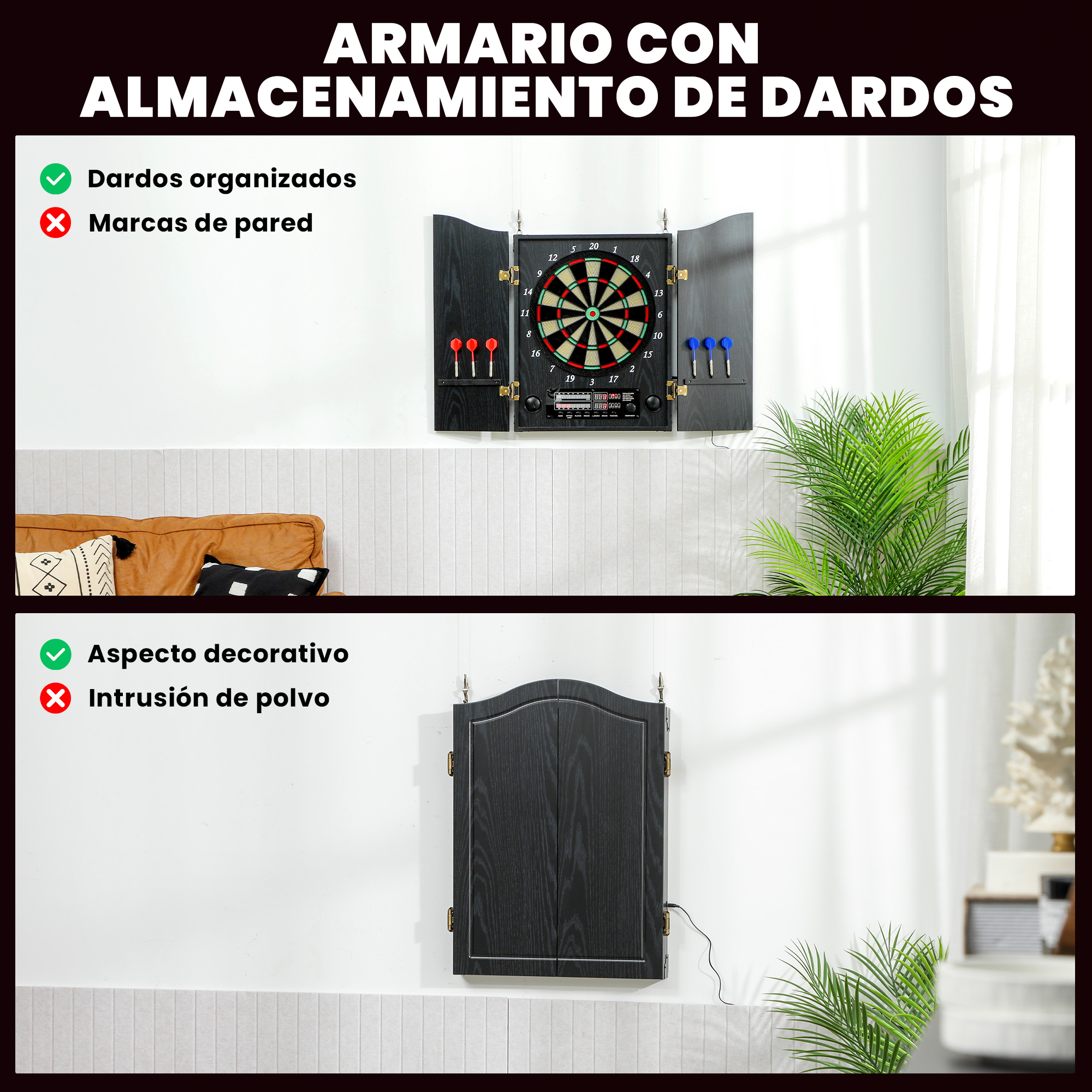 Un armario negro abierto muestra una diana y dardos; un armario cerrado está cerca.