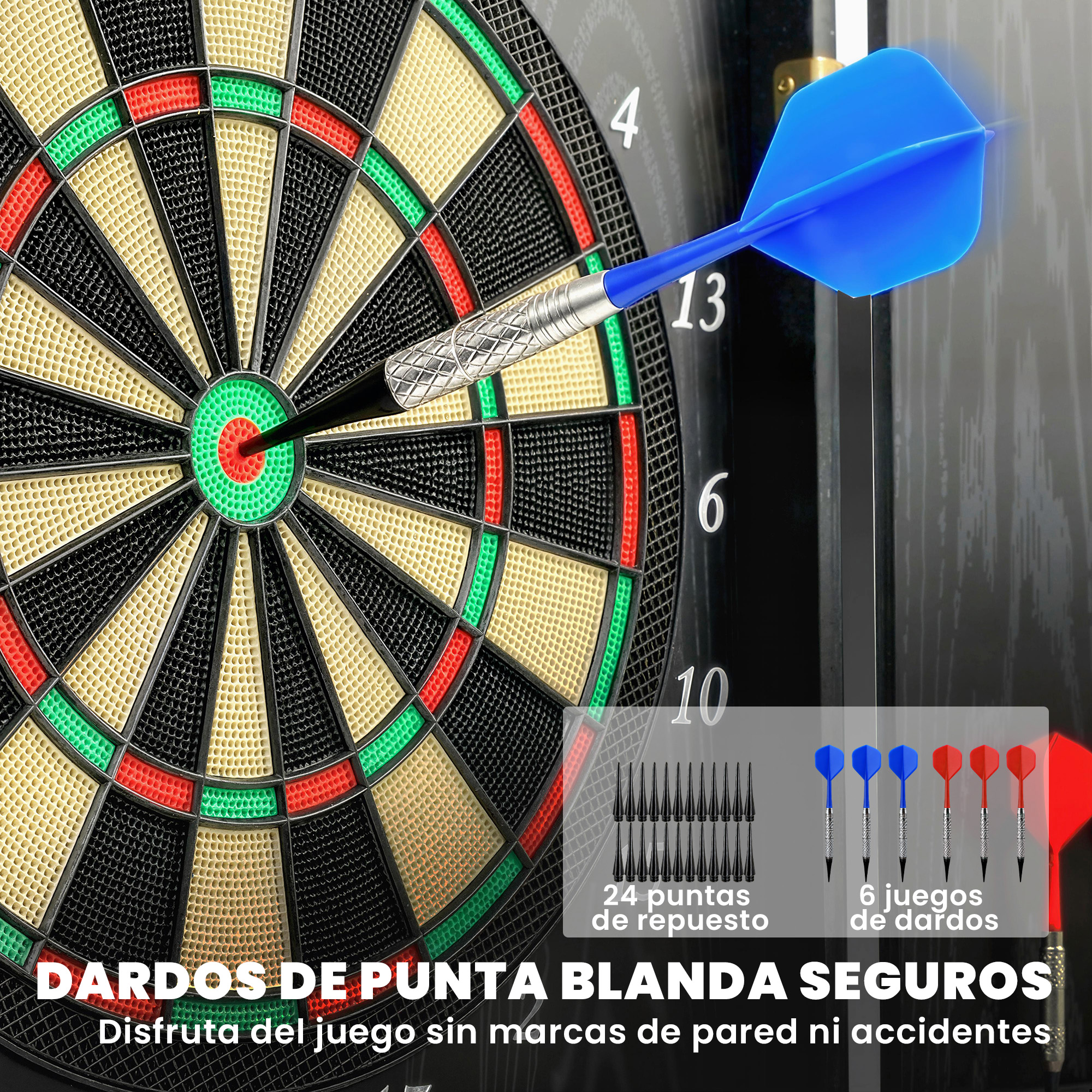 Un dardo azul clavado en un tablero, con puntas y dardos de repuesto cerca.