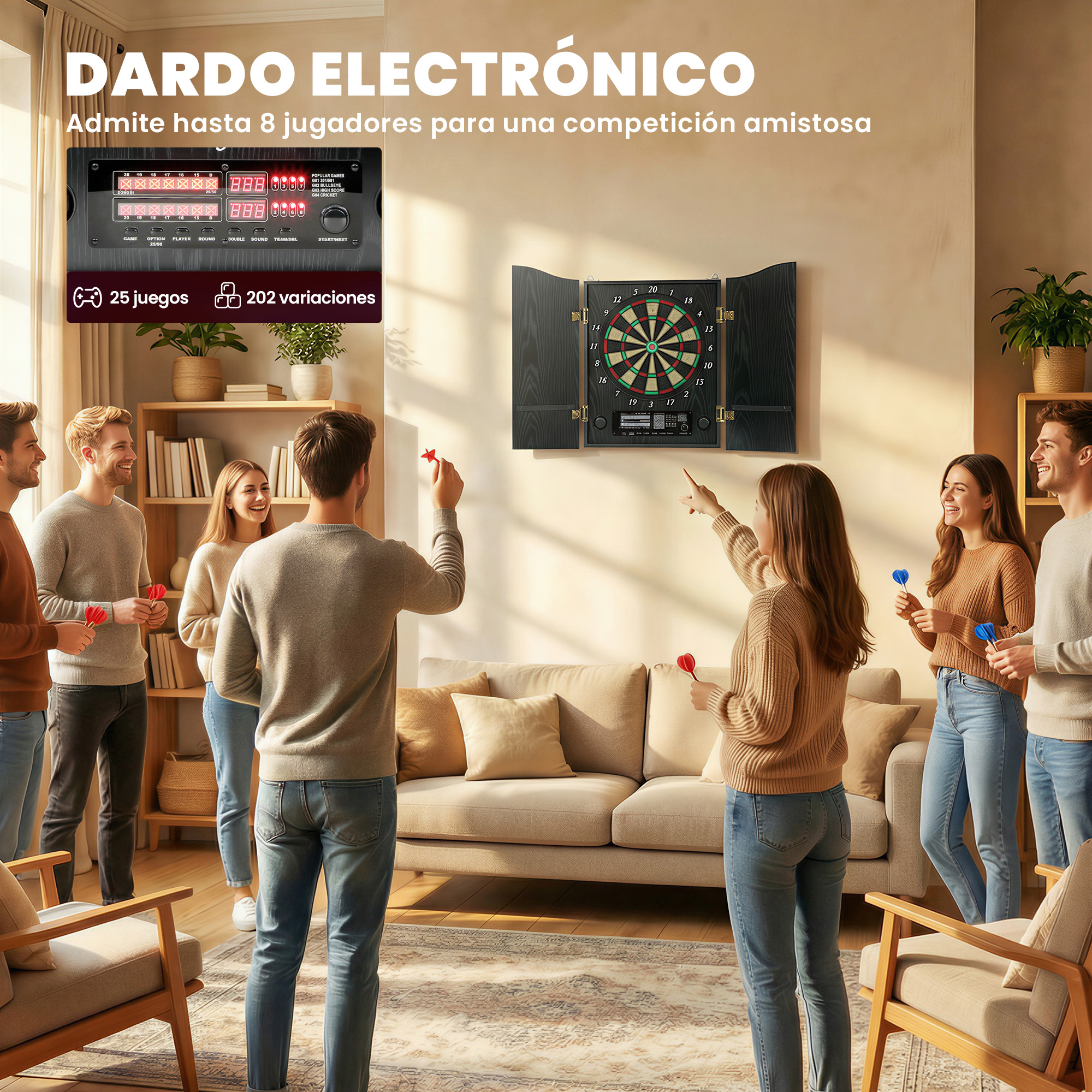 Un grupo de amigos juega a los dardos electrónicos en una sala.