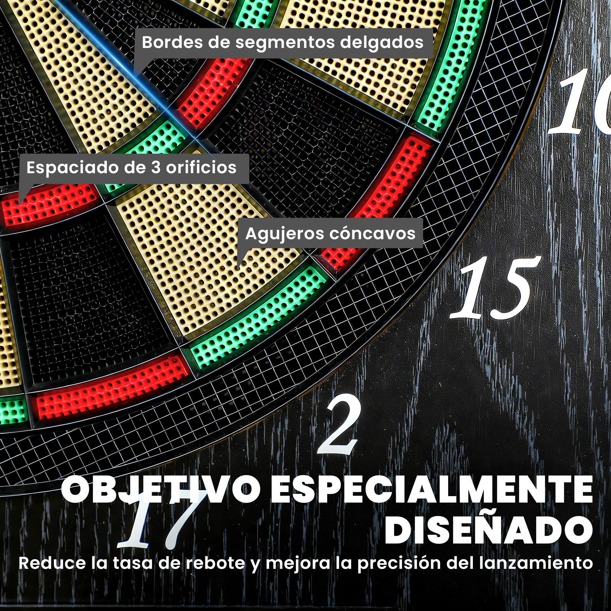 Primer plano de una diana con segmentos, números y texto.