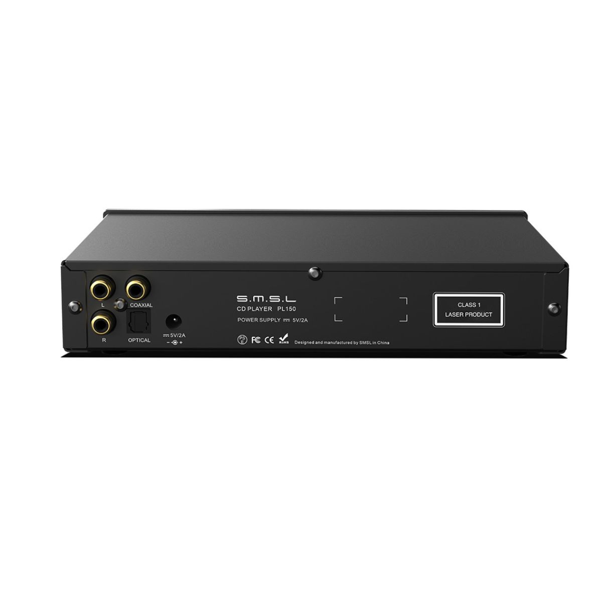 Black CD player rear view with coaxial, optical, and power supply connections.