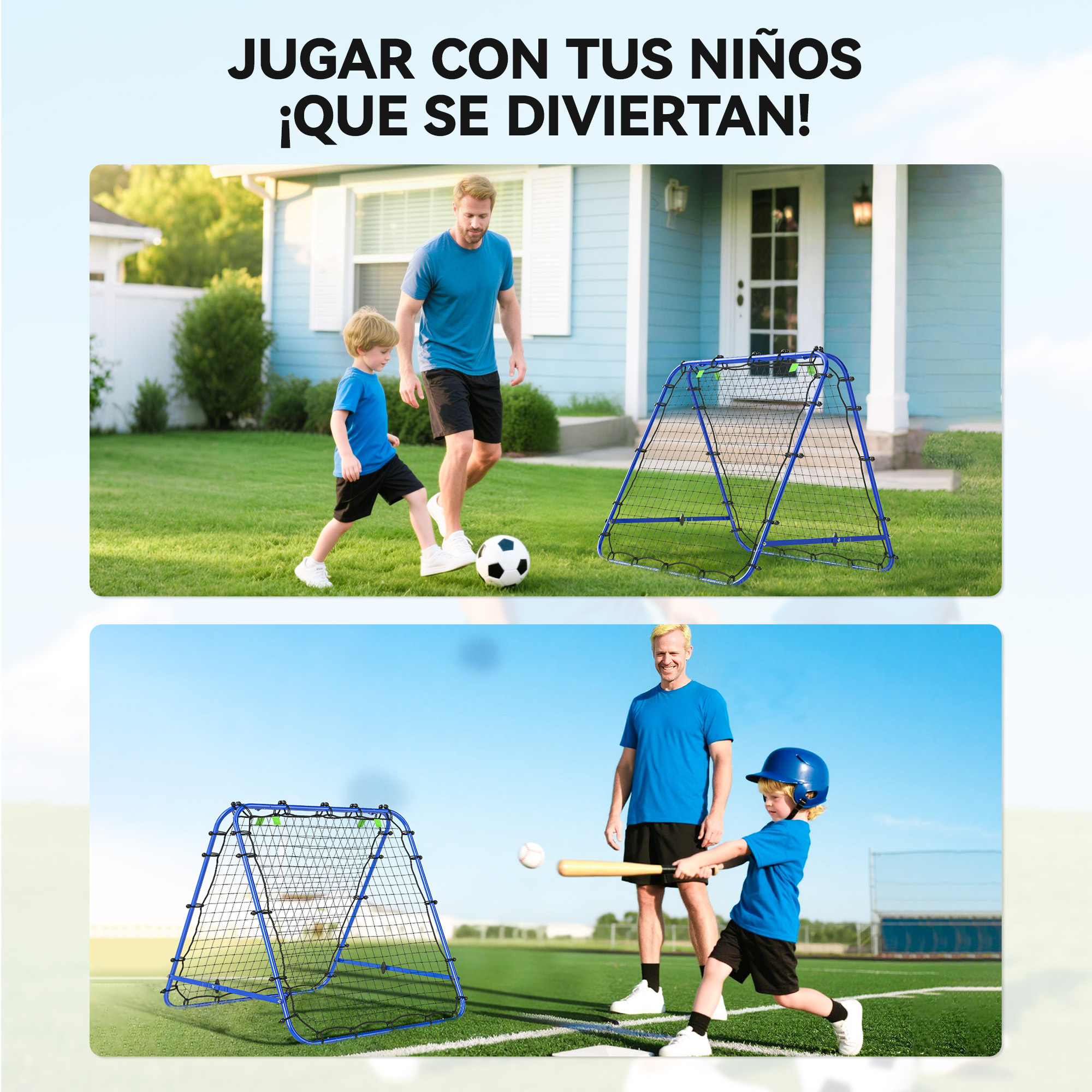 Padre e hijo juegan fútbol en el jardín y béisbol en un campo deportivo.