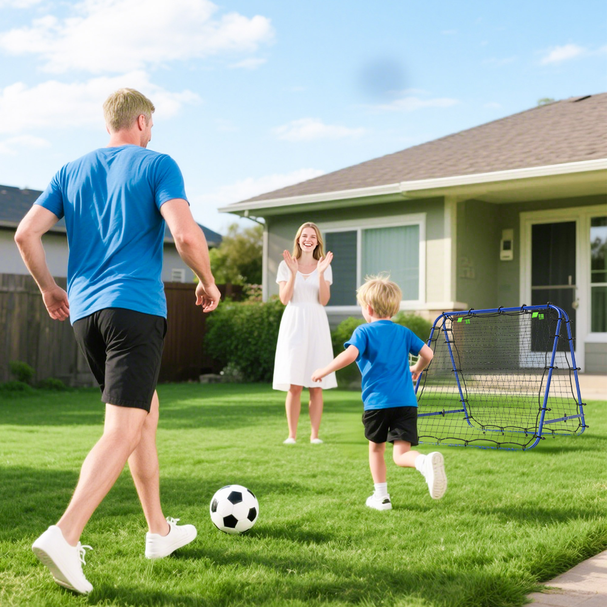 Familia jugando al fótbol en un jardín con portería y césped.