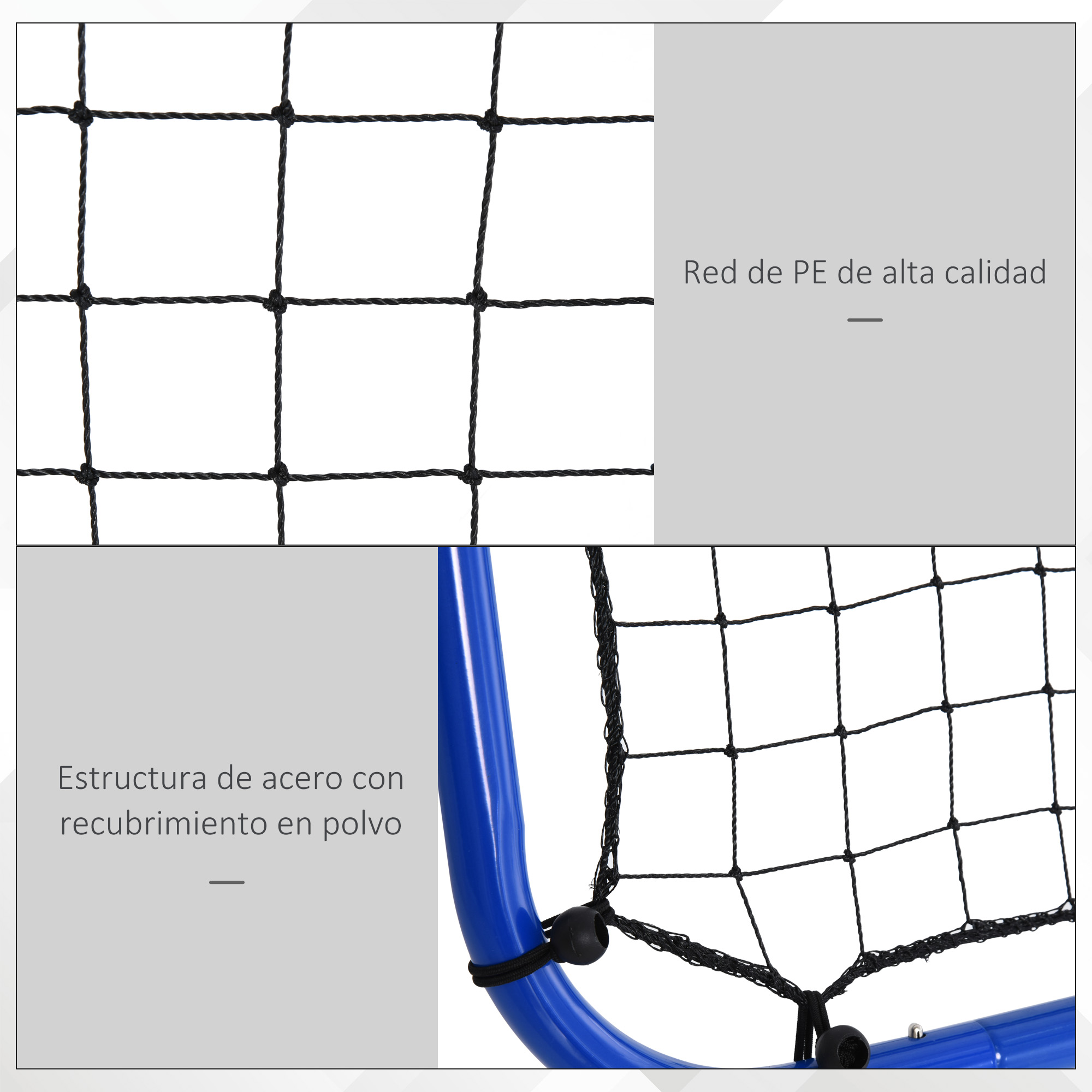 Primer plano de un marco de acero azul con red negra y fijaciones.