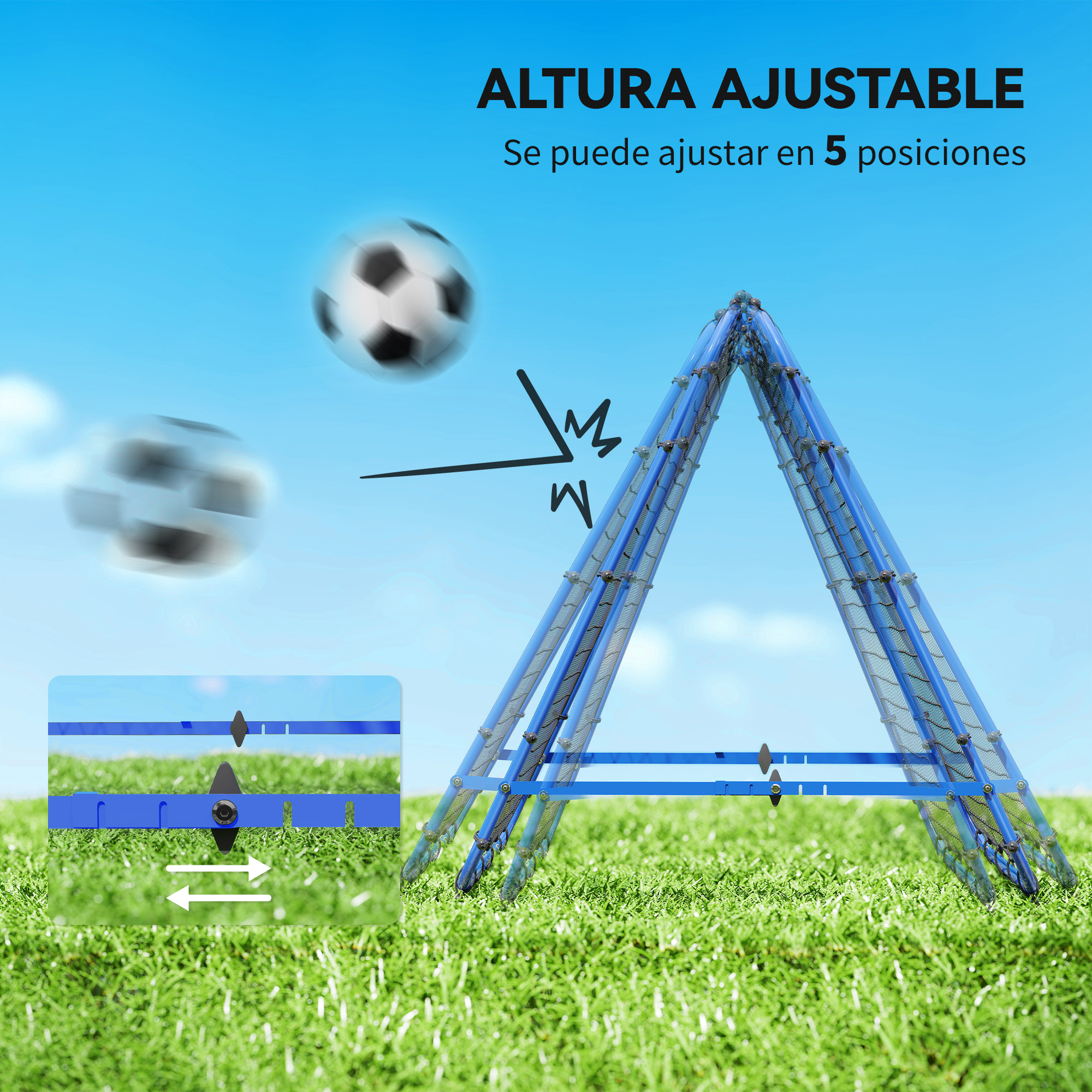 Un dispositivo azul de agilidad en forma de A con balones de fútbol, al aire libre.