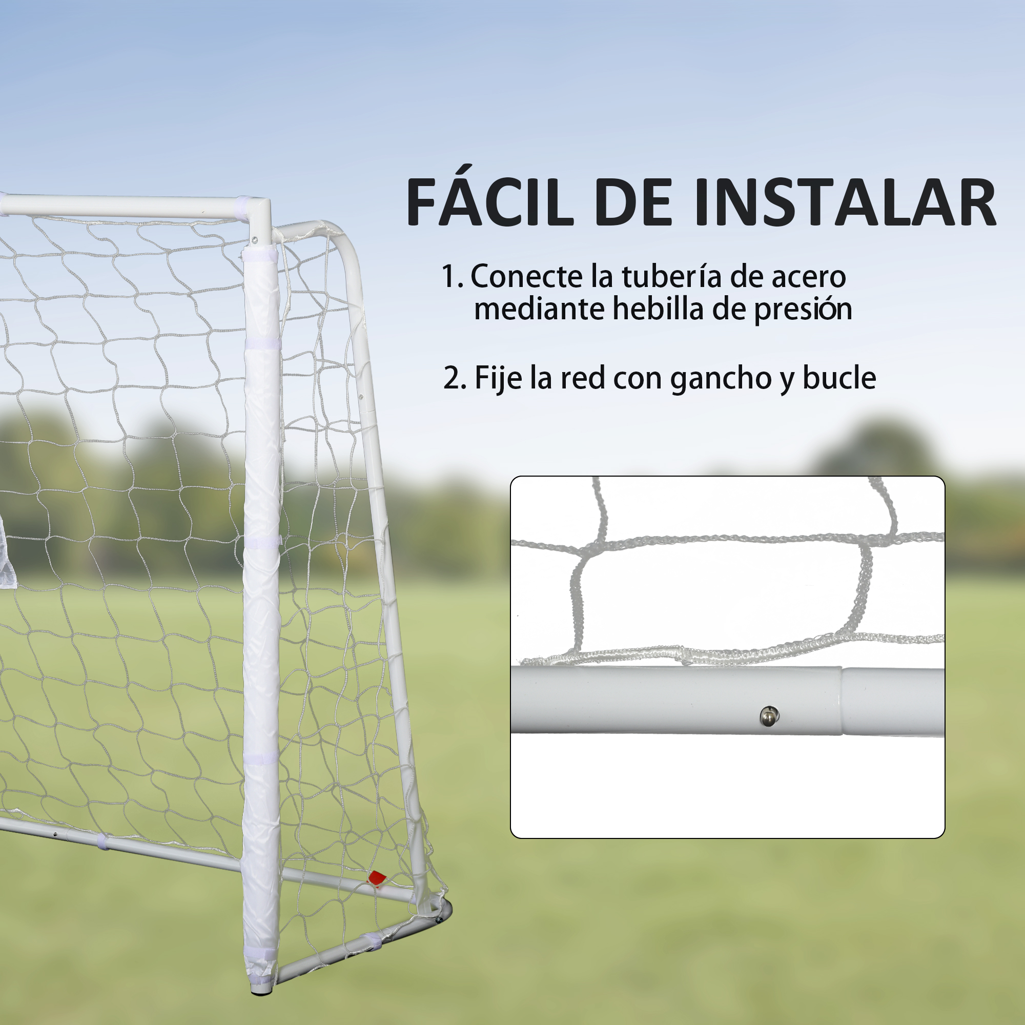 Una portería de fútbol blanca con red al aire libre, con instrucciones.
