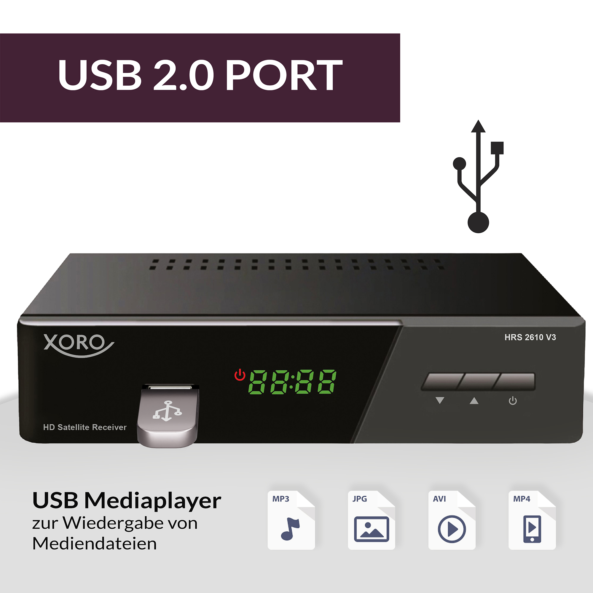 XORO HD Satelliten-Receiver mit USB 2.0 Port für Medienwiedergabe.