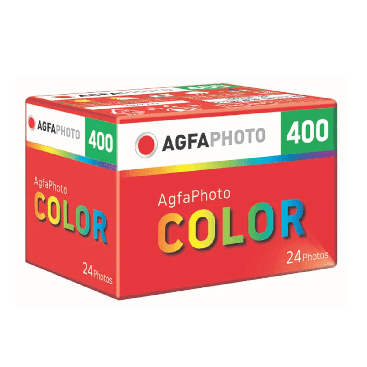 Film AgfaPhoto Color 400, 24 klatki, na czerwonym pudełku z gradientem.
