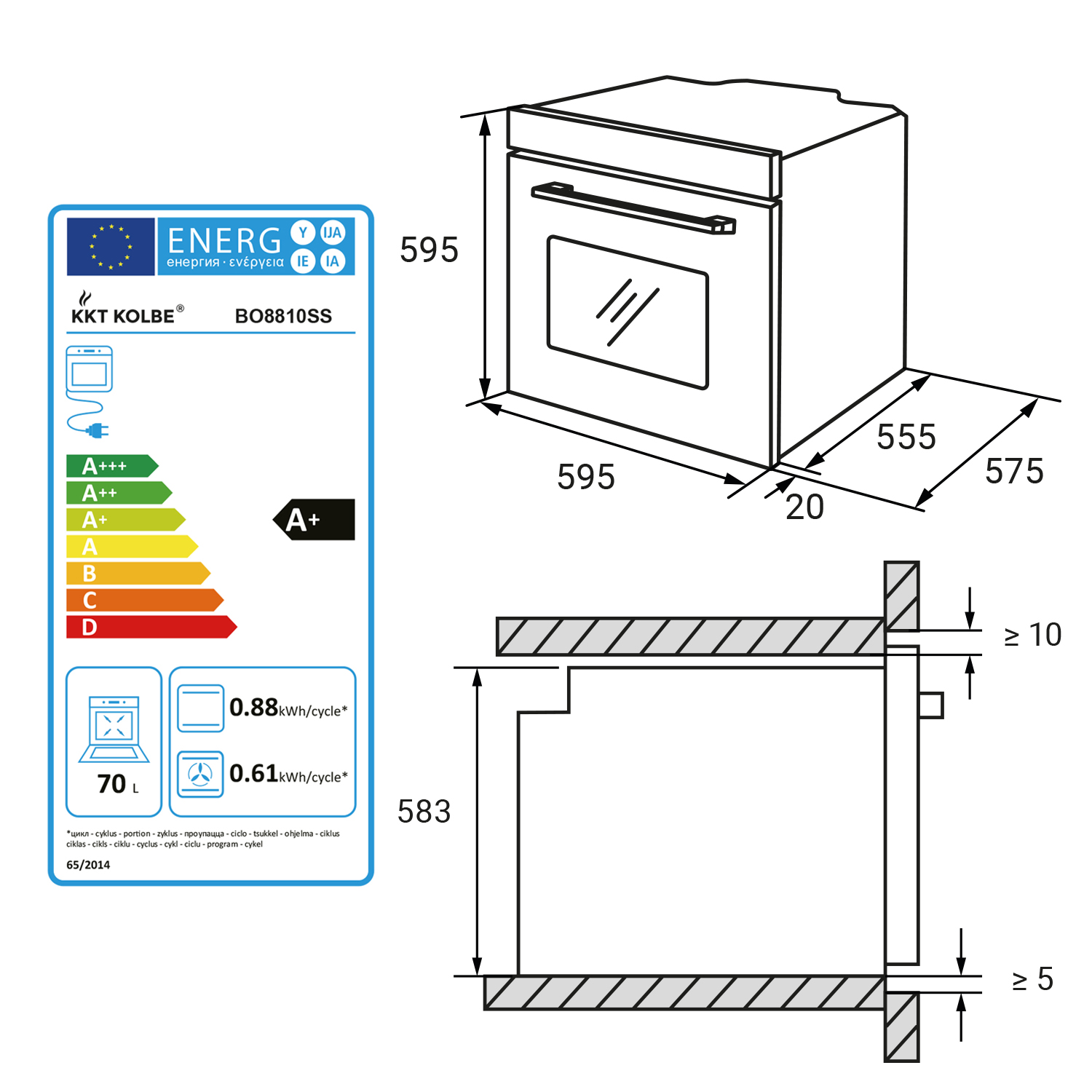 Technische Zeichnung eines KKT Kolbe BO8810SS Einbauofens mit Maßen und Energieeffizienzlabel.