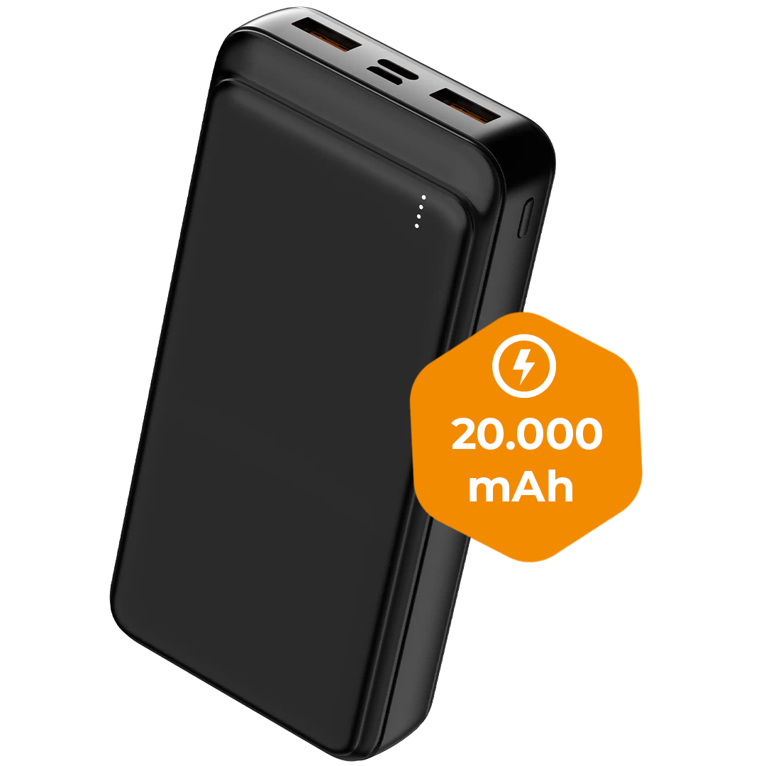 Zwarte powerbank met 20.000 mAh capaciteit en USB-poorten.