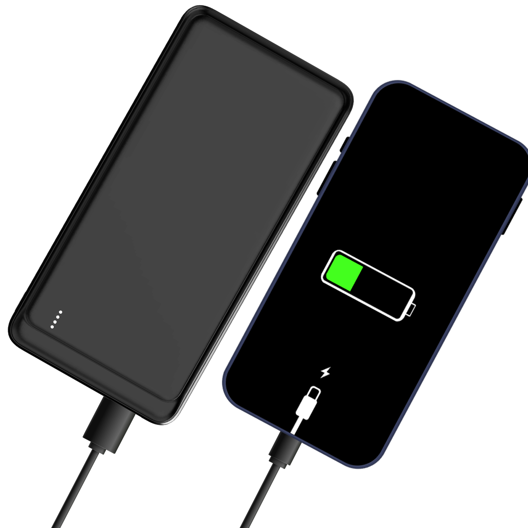 Een zwarte powerbank en een smartphone die opladen, batterij-icoon getoond.