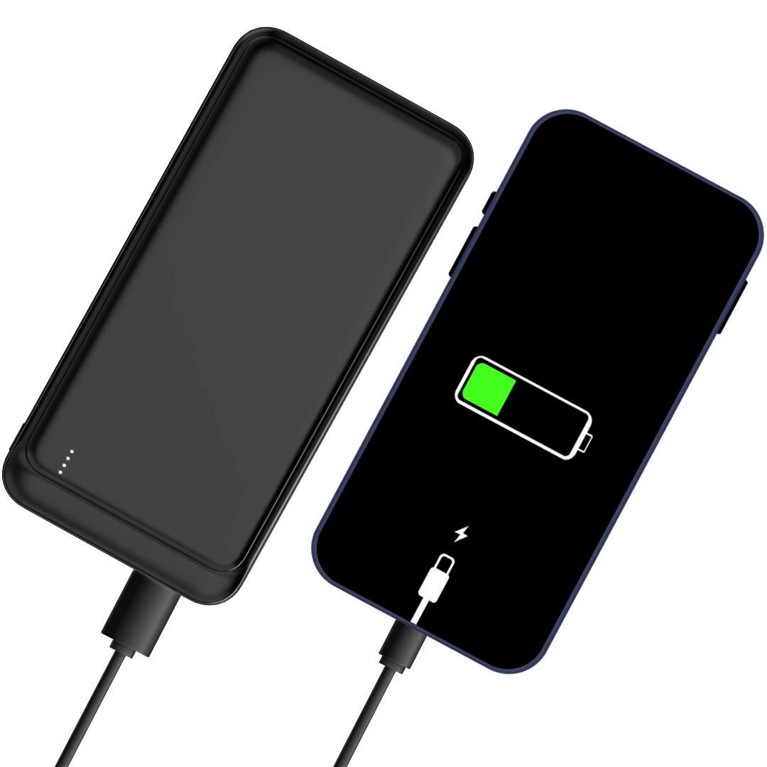 Une batterie externe noire et un smartphone sont connectés par câble.