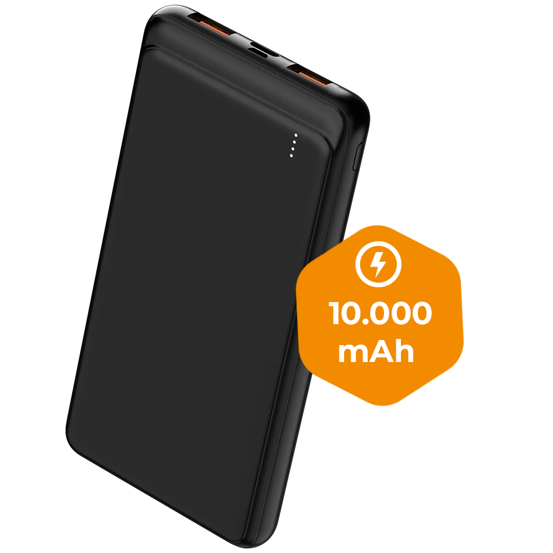 Batterie externe noire de 10 000 mAh avec indicateur de charge.