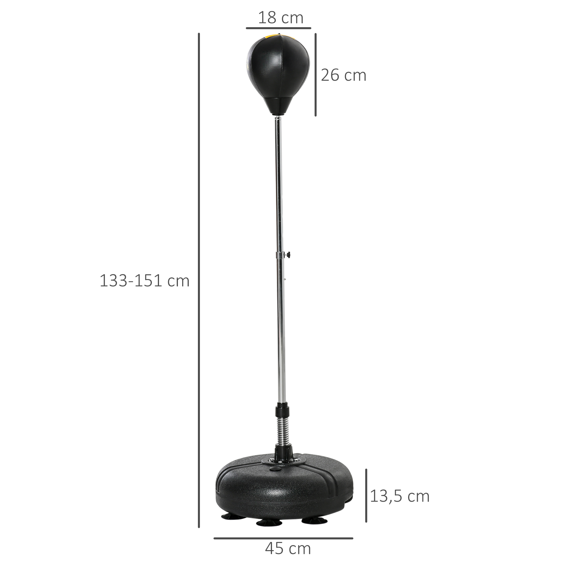 Saco de boxeo negro con soporte ajustable y dimensiones.