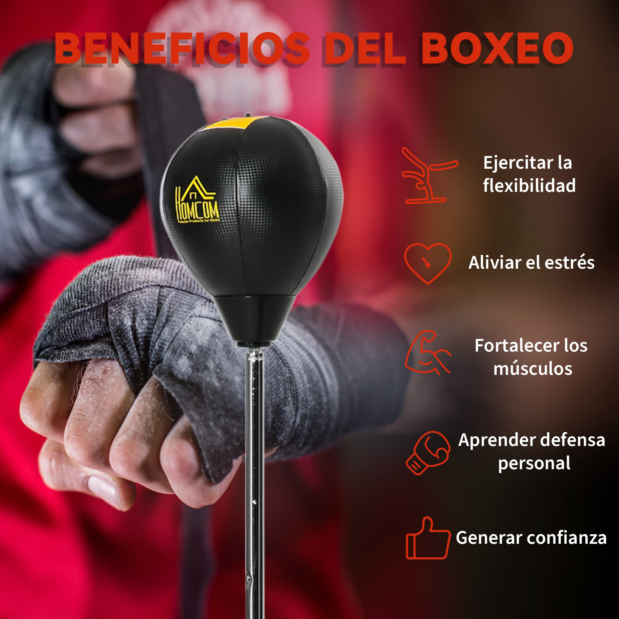 Un boxeador con vendas en la mano golpea un balón de boxeo negro.