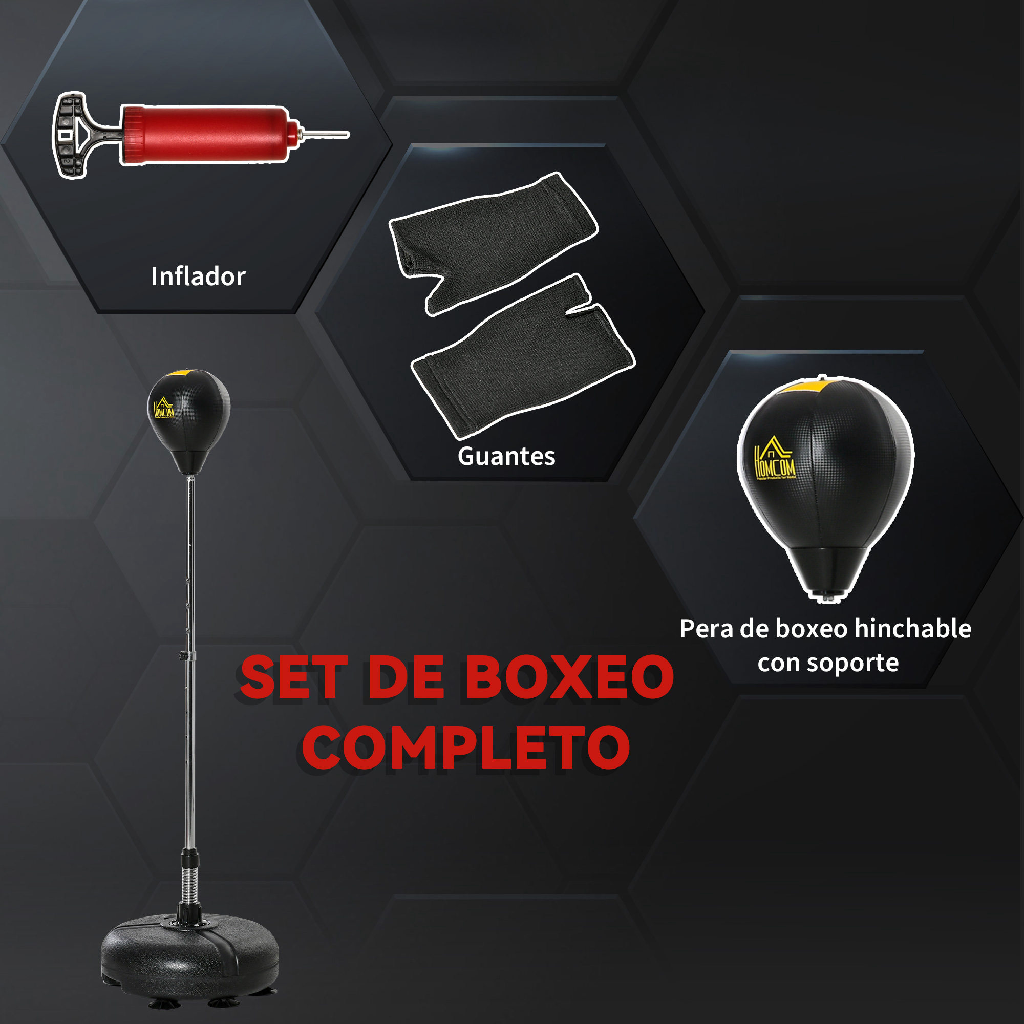 Set de boxeo con inflador, guantes y saco de boxeo con soporte.