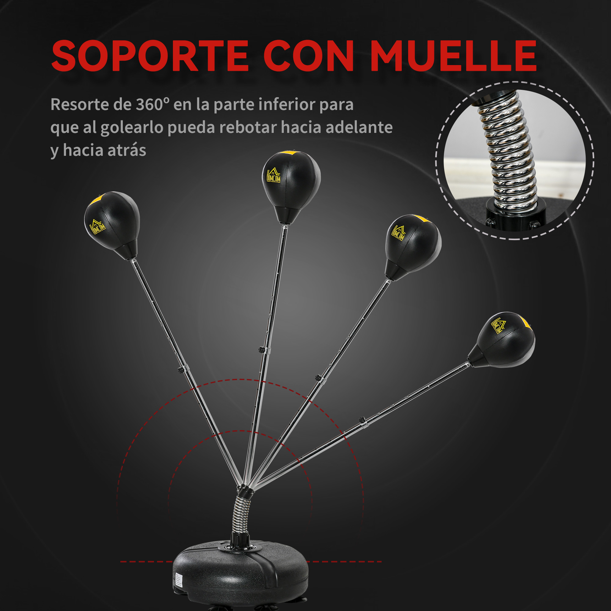 Un saco de boxeo negro sobre un soporte ajustable con base de resorte sobre fondo oscuro.