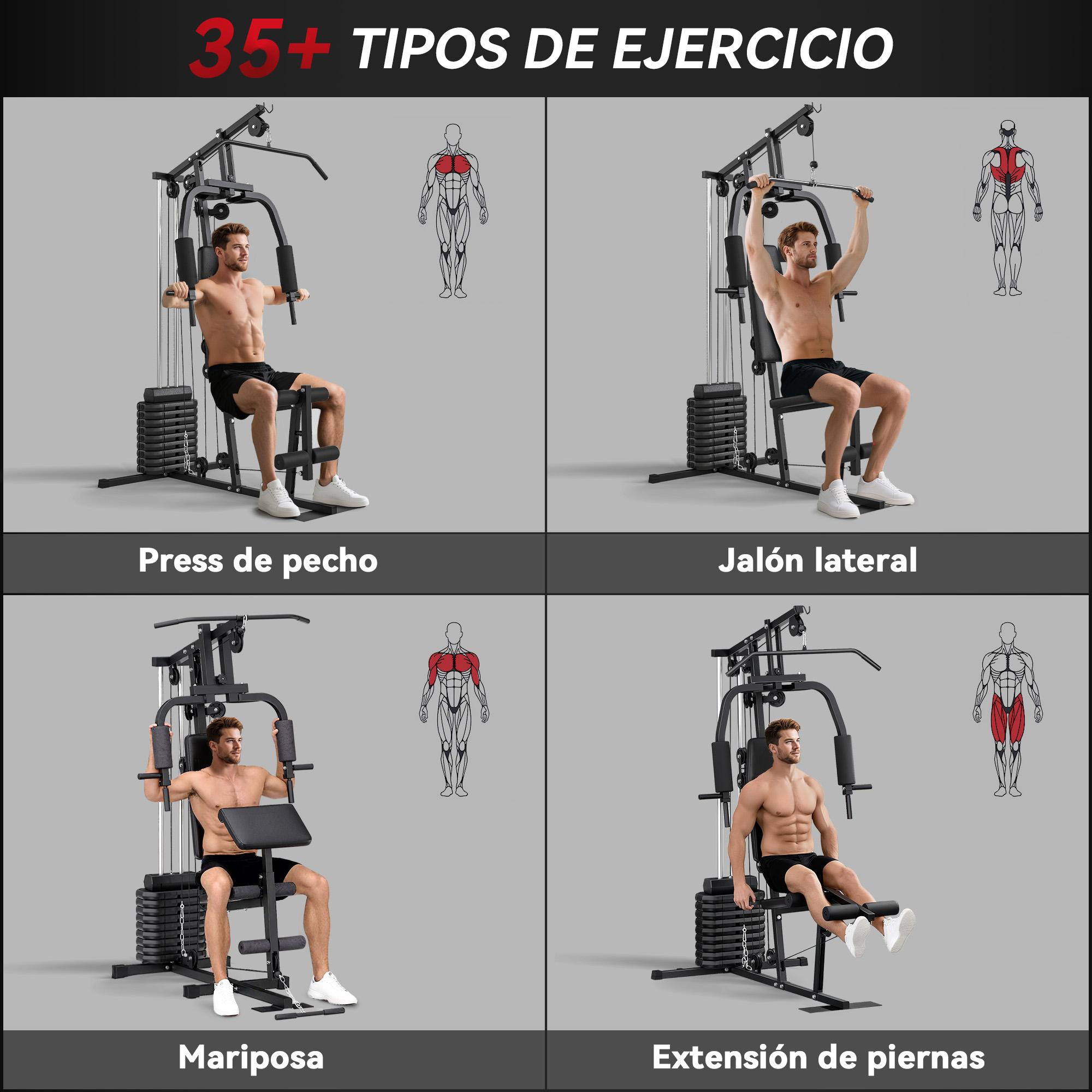 Hombre se ejercita en máquina de gimnasio: press de pecho, jalón lateral, mariposa, extensión de piernas.