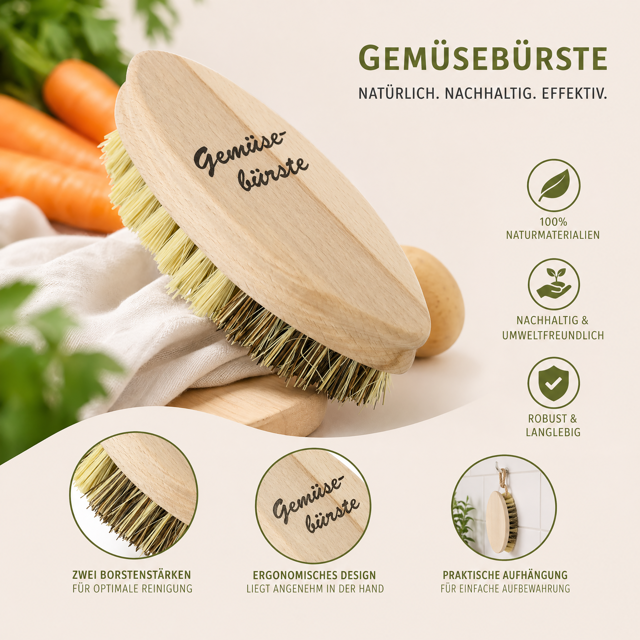 Eine Holz-Gemüsebürste mit hellen Borsten liegt auf einem Tuch neben Karotten.