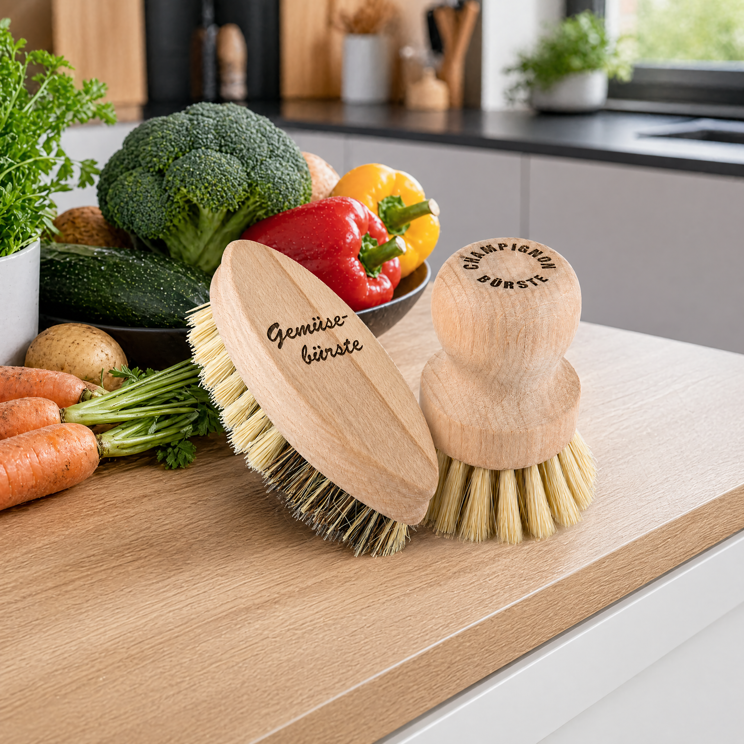 Holzbürsten für Gemüse und Pilze auf einer Küchenarbeitsplatte mit frischem Gemüse.