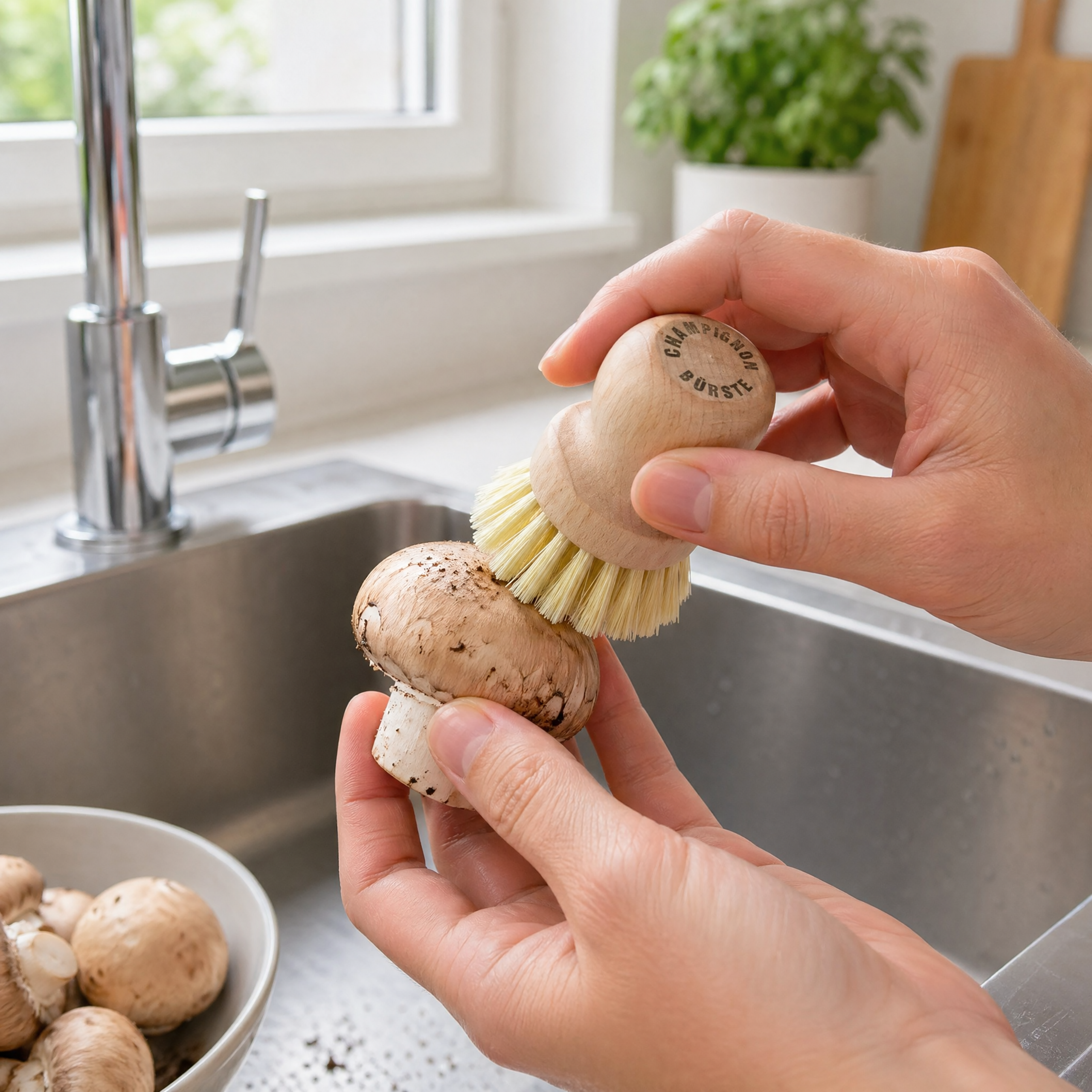 Hände reinigen Champignons mit einer Bürste in der Spüle.