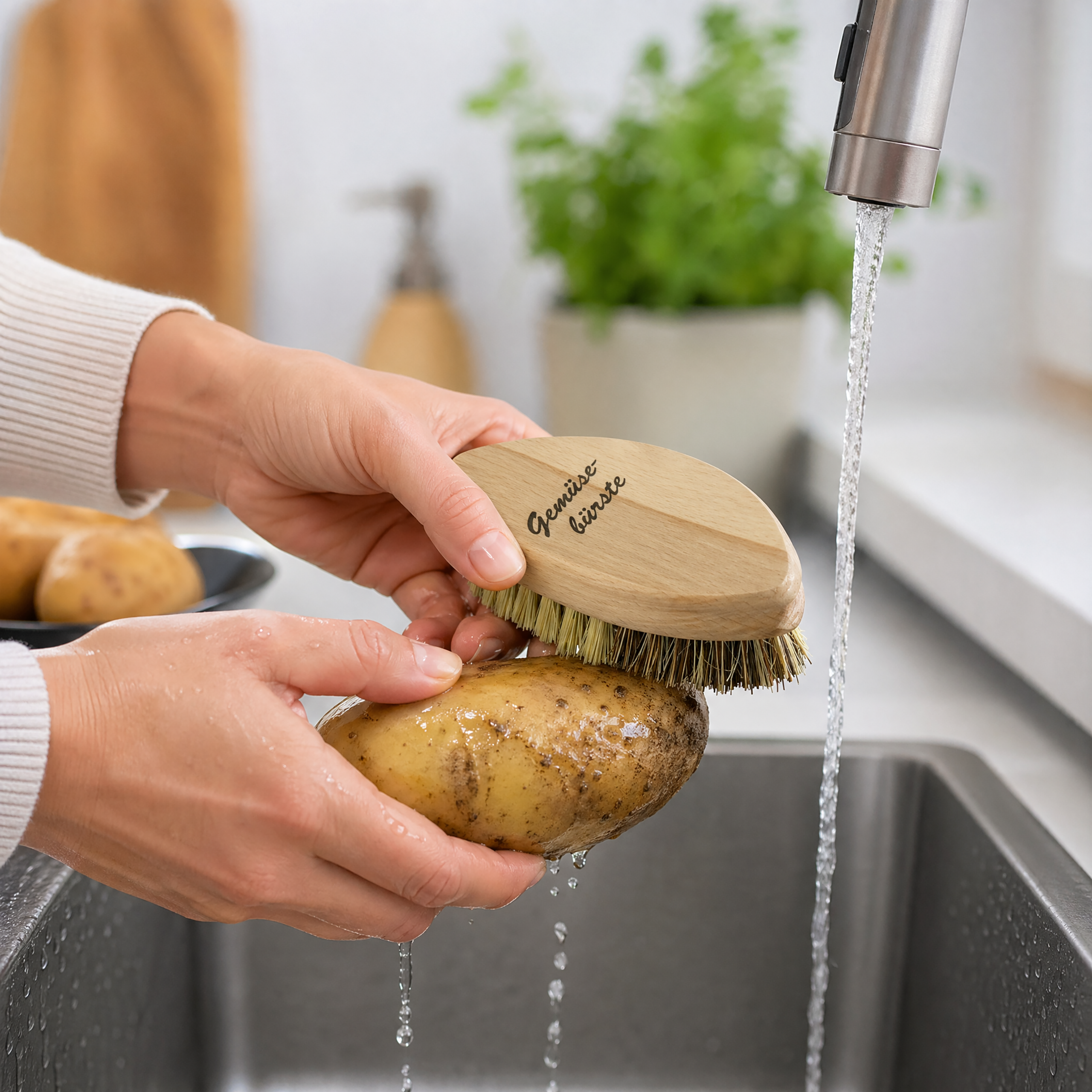Hände bürsten eine Kartoffel unter fließendem Wasser im Spülbecken.