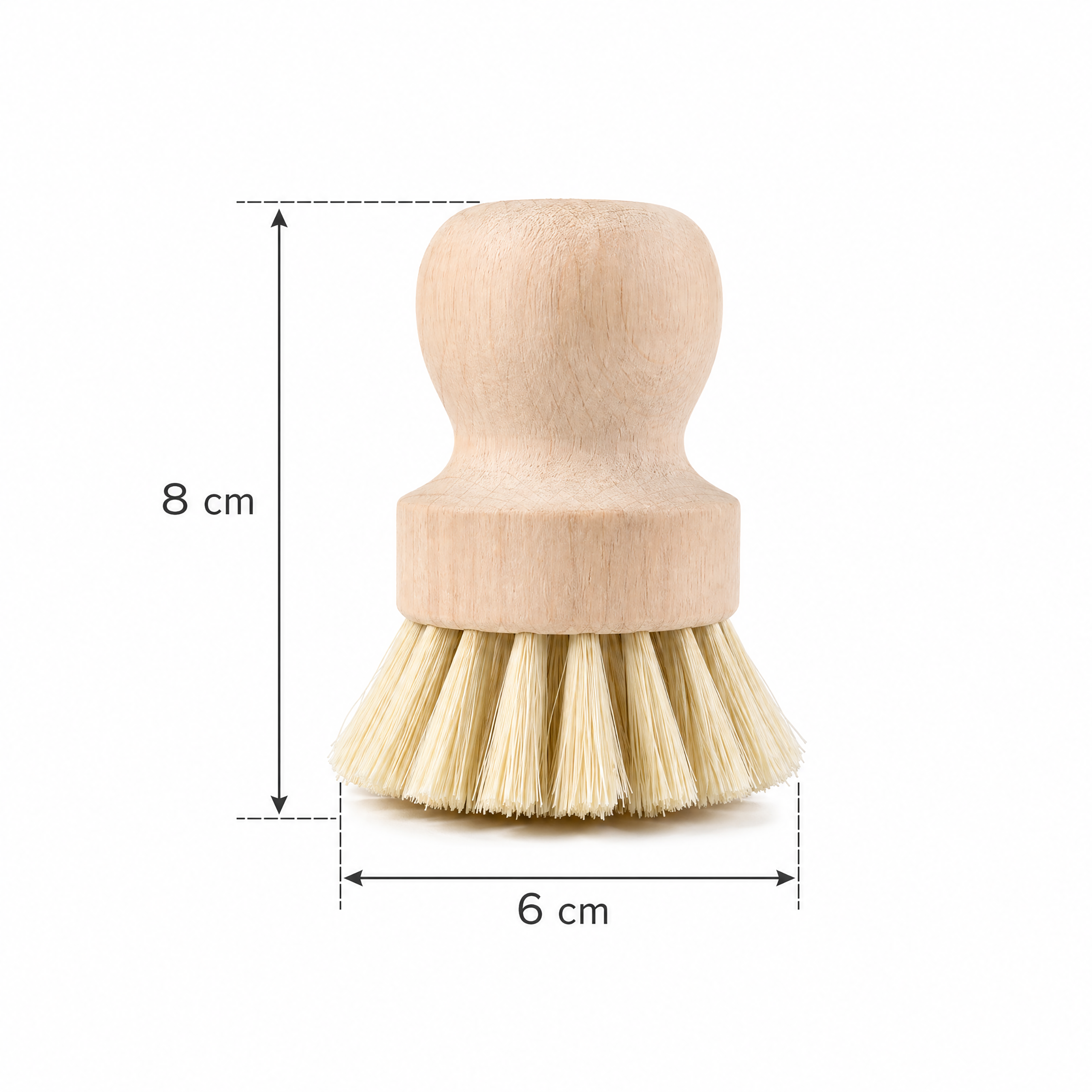 Holzspülbürste mit hellen Borsten, 8 cm hoch und 6 cm breit.
