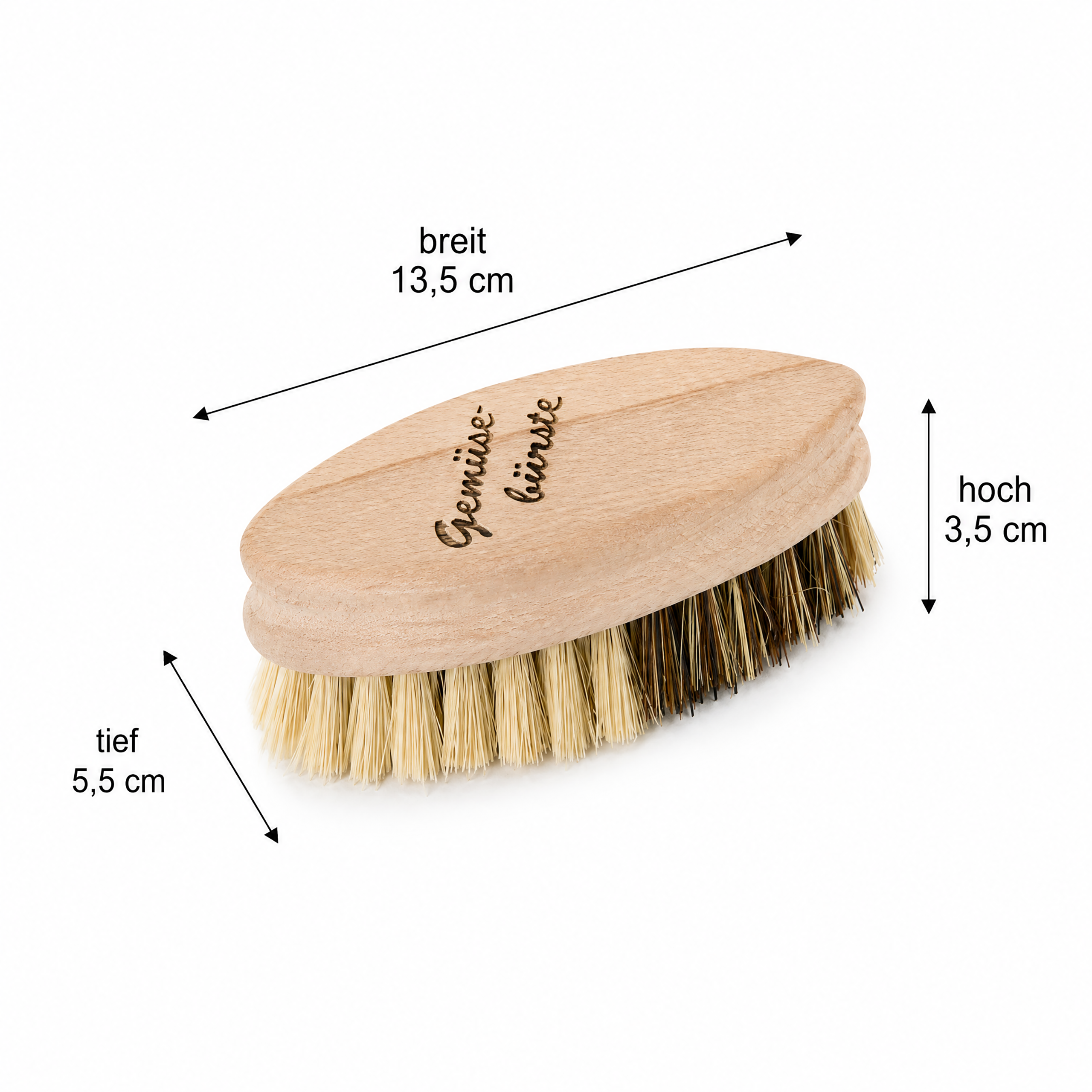 Holzbürste mit Borsten, Maße: 13,5 cm breit, 5,5 cm tief, 3,5 cm hoch.