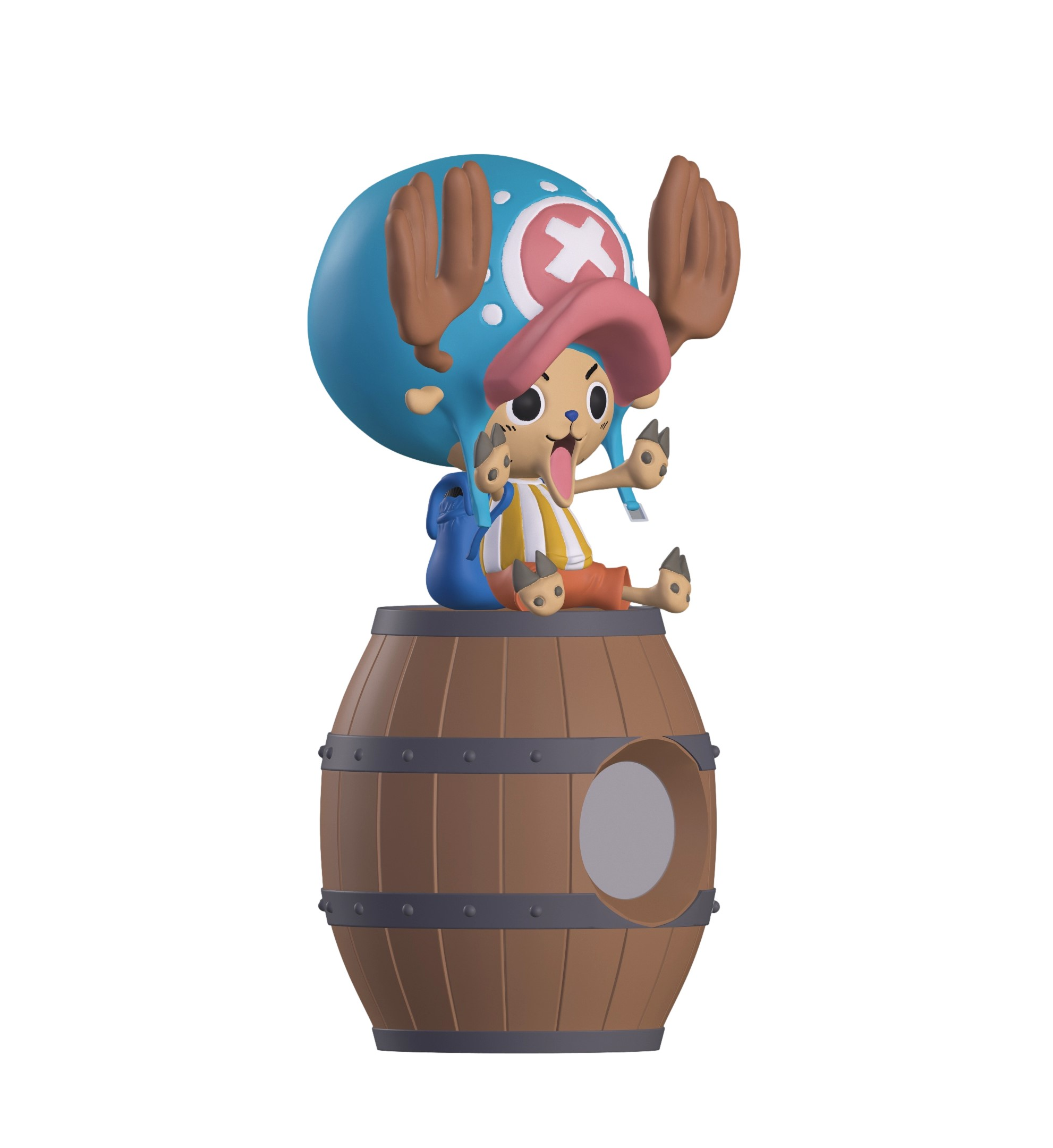 Eine Figur sitzt auf einem Holzfass. Sie hat ein blaues Hütchen mit einem roten Kreuz.