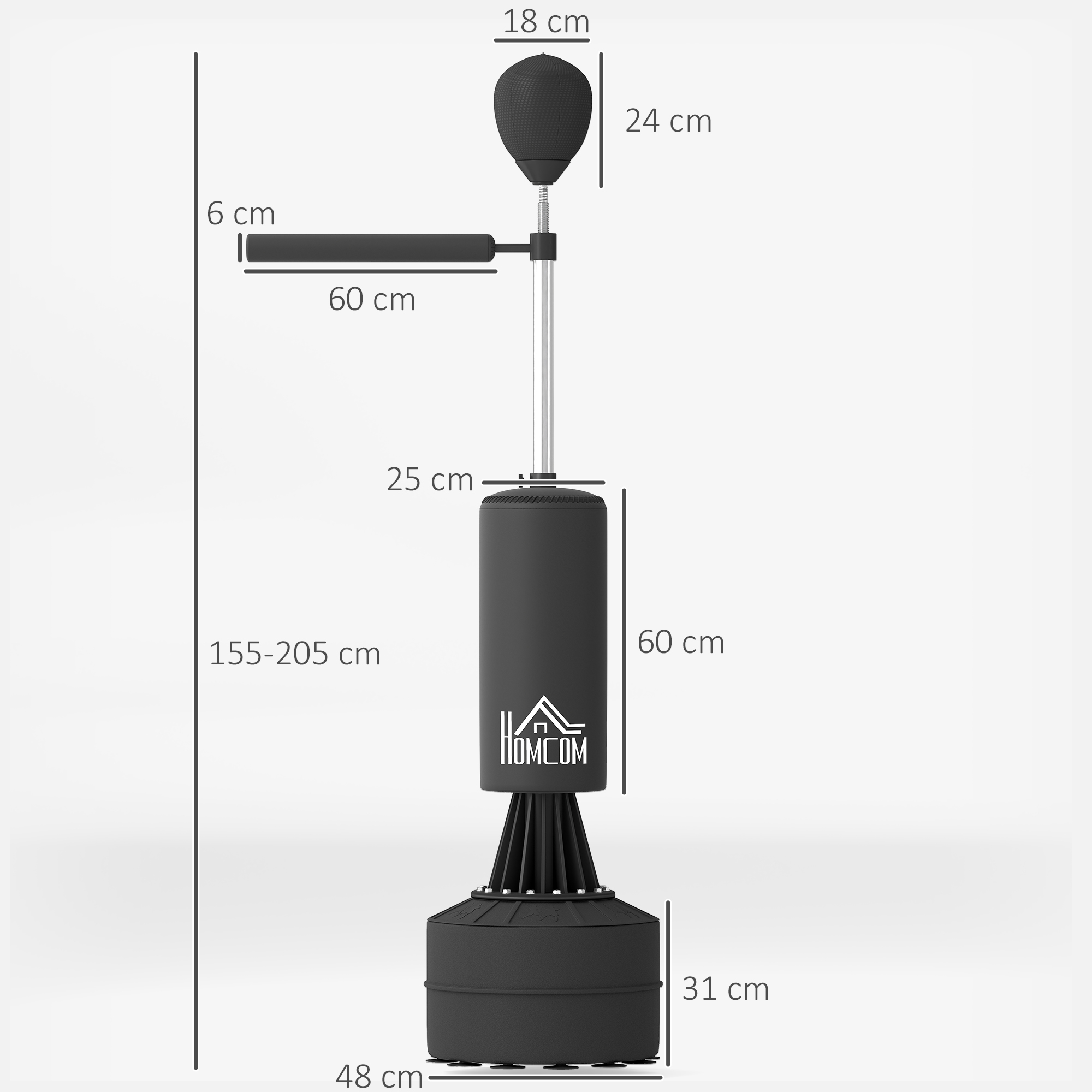 Saco de boxeo negro con dimensiones, ajustable de 155-205 cm.